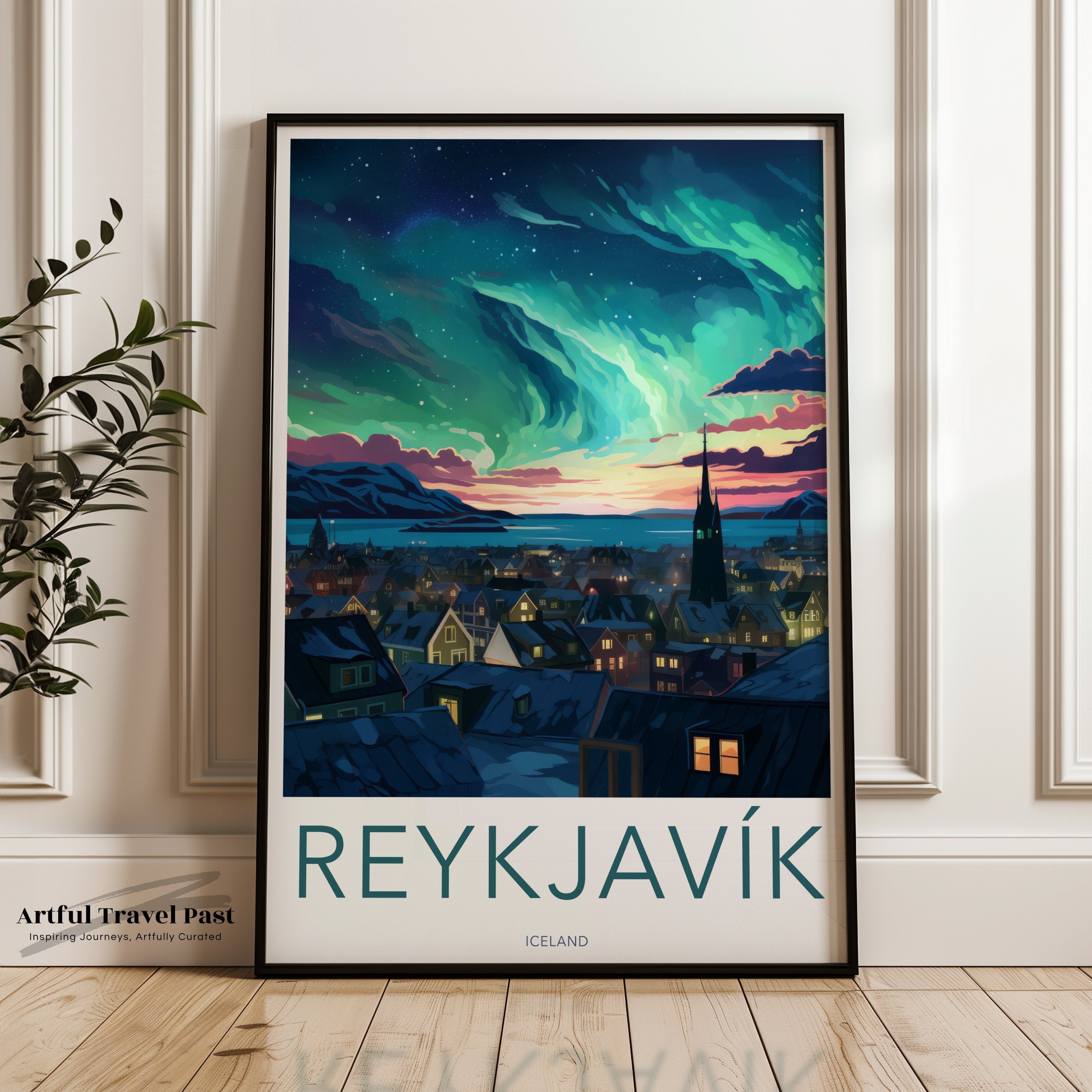 Reykjavik Wall Art, Iceland Night Sky, Aurora Borealis Poster, Scandinavian Landscape, Nordic Town Illustration, Home Decor