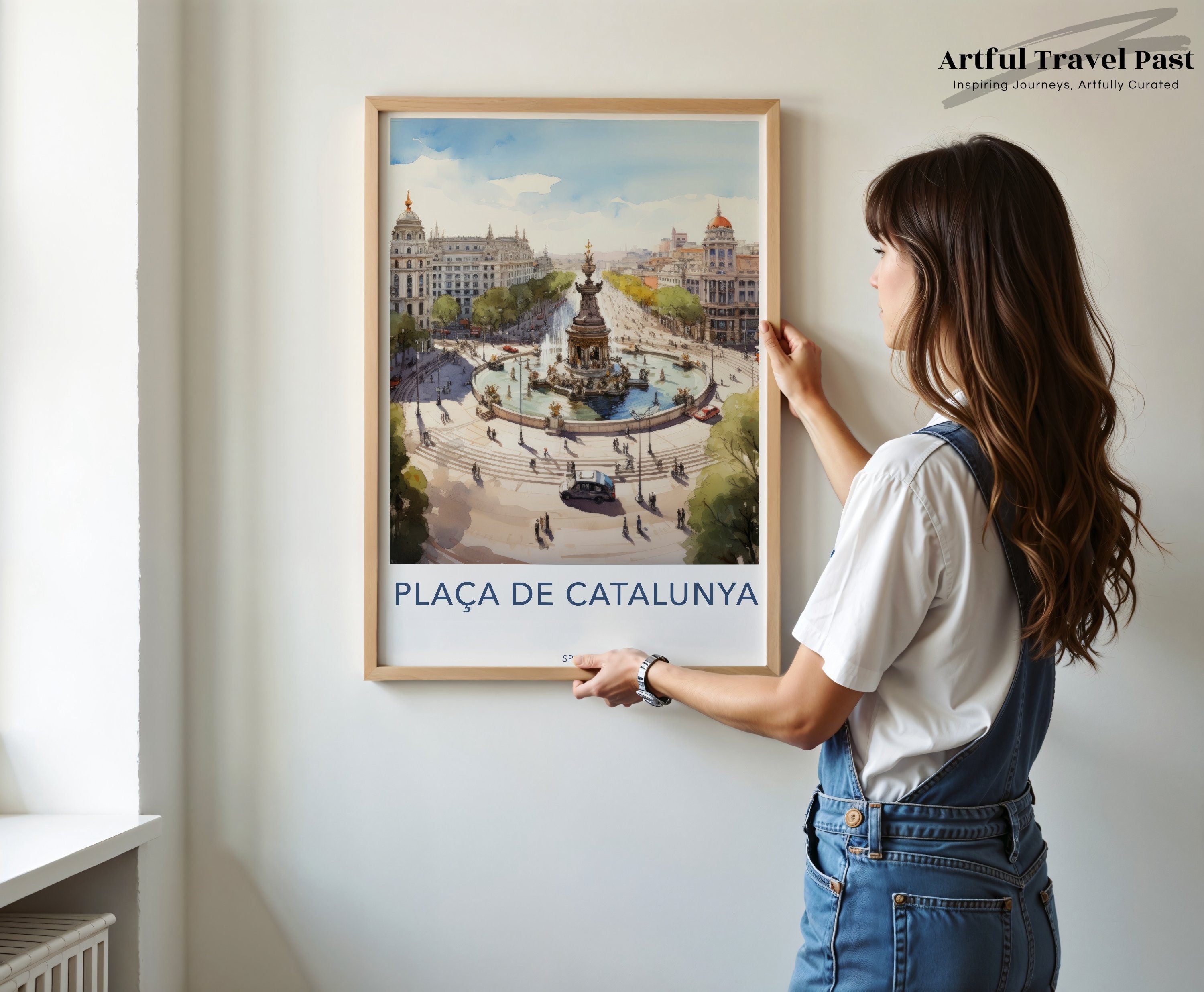 Plaça de Catalunya Barcelona Wall Art Print, Historic Barcelona Cityscape Poster, Spain Travel Souvenir, European Architectural Decor