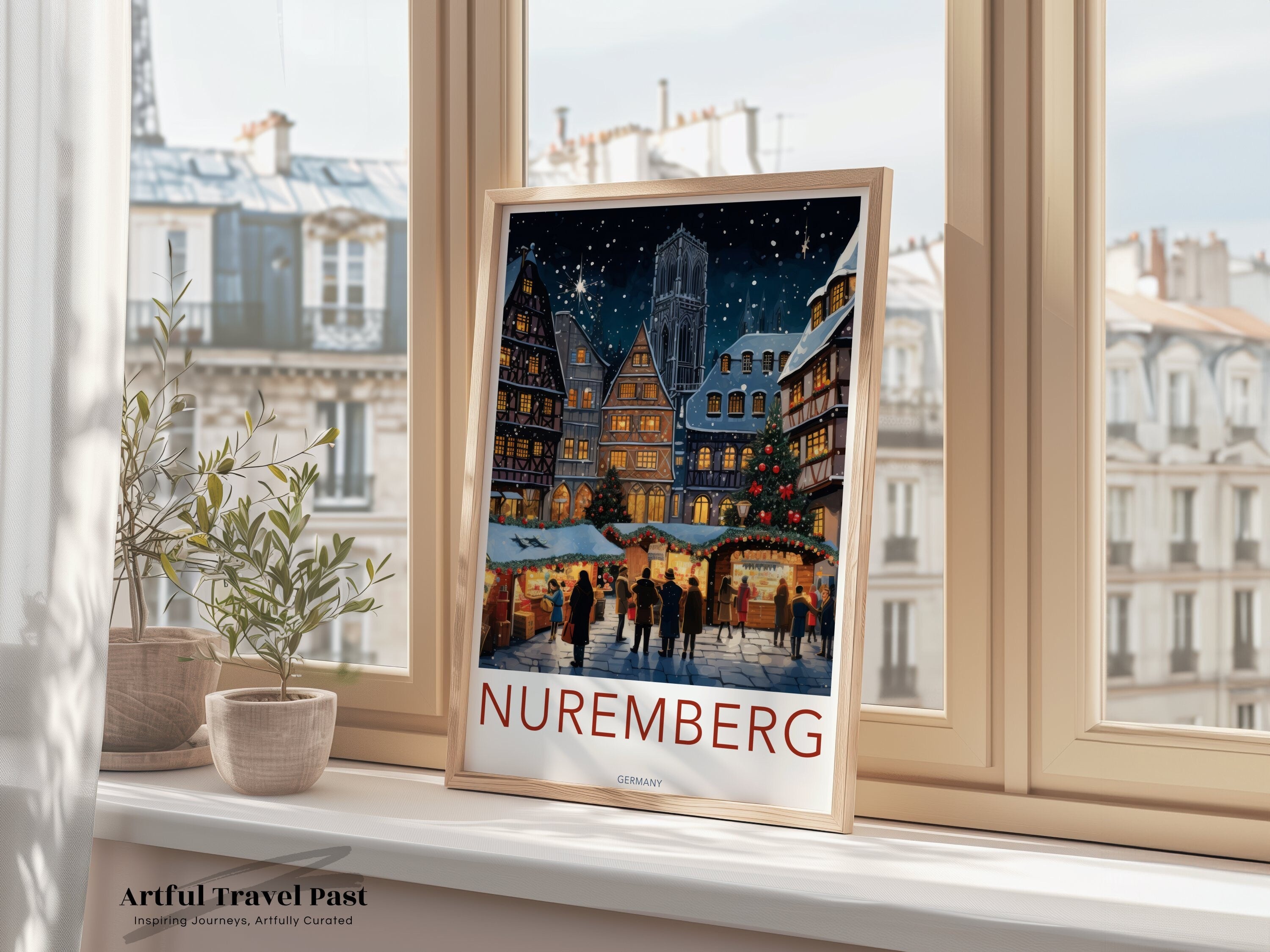 Nuremberg Christmas Market Wall Art, Historic Germany Cityscape Print, Festive European Holiday Decor, Winter Wonderland Illustration