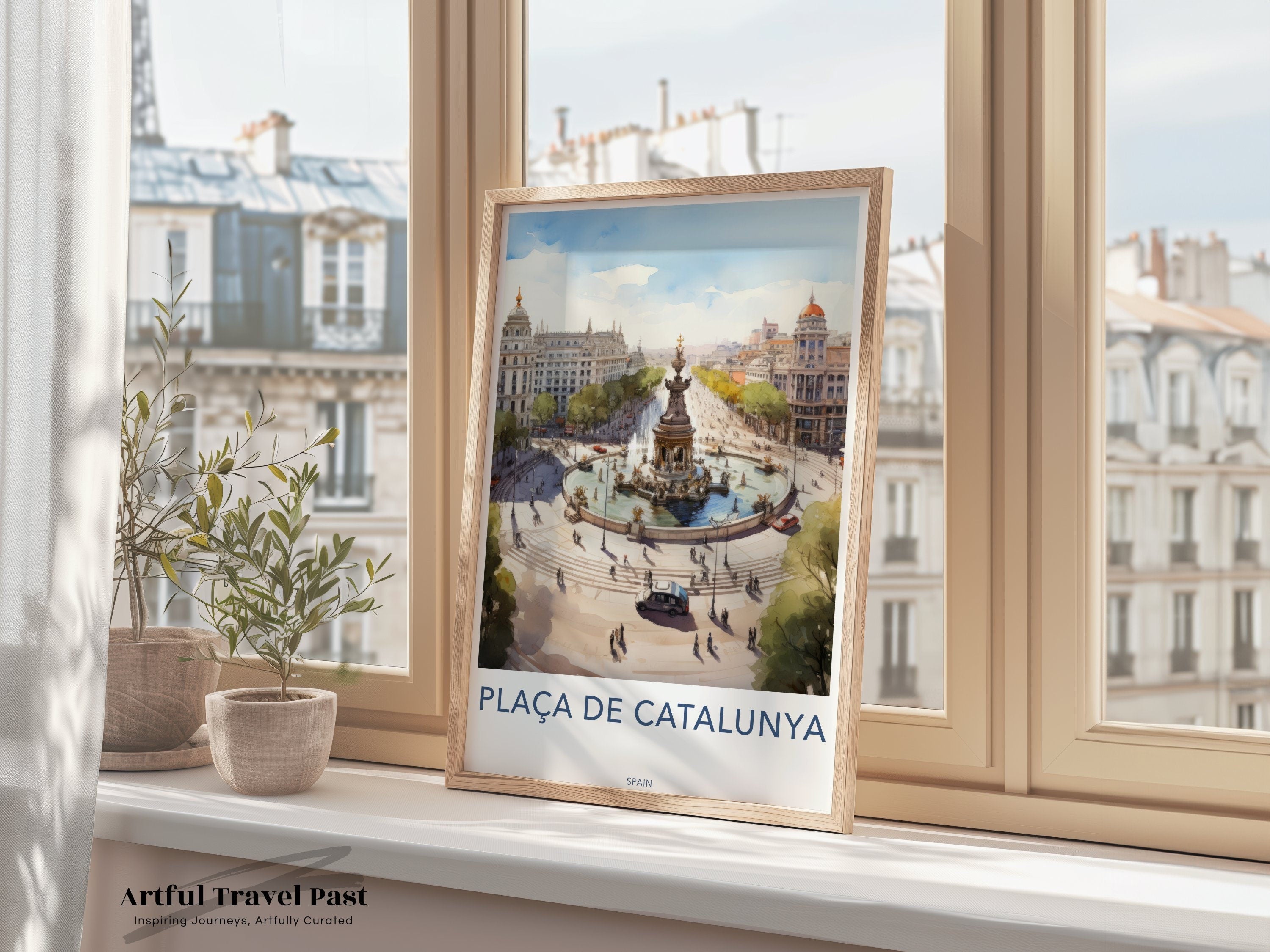 Plaça de Catalunya Barcelona Wall Art Print, Historic Barcelona Cityscape Poster, Spain Travel Souvenir, European Architectural Decor