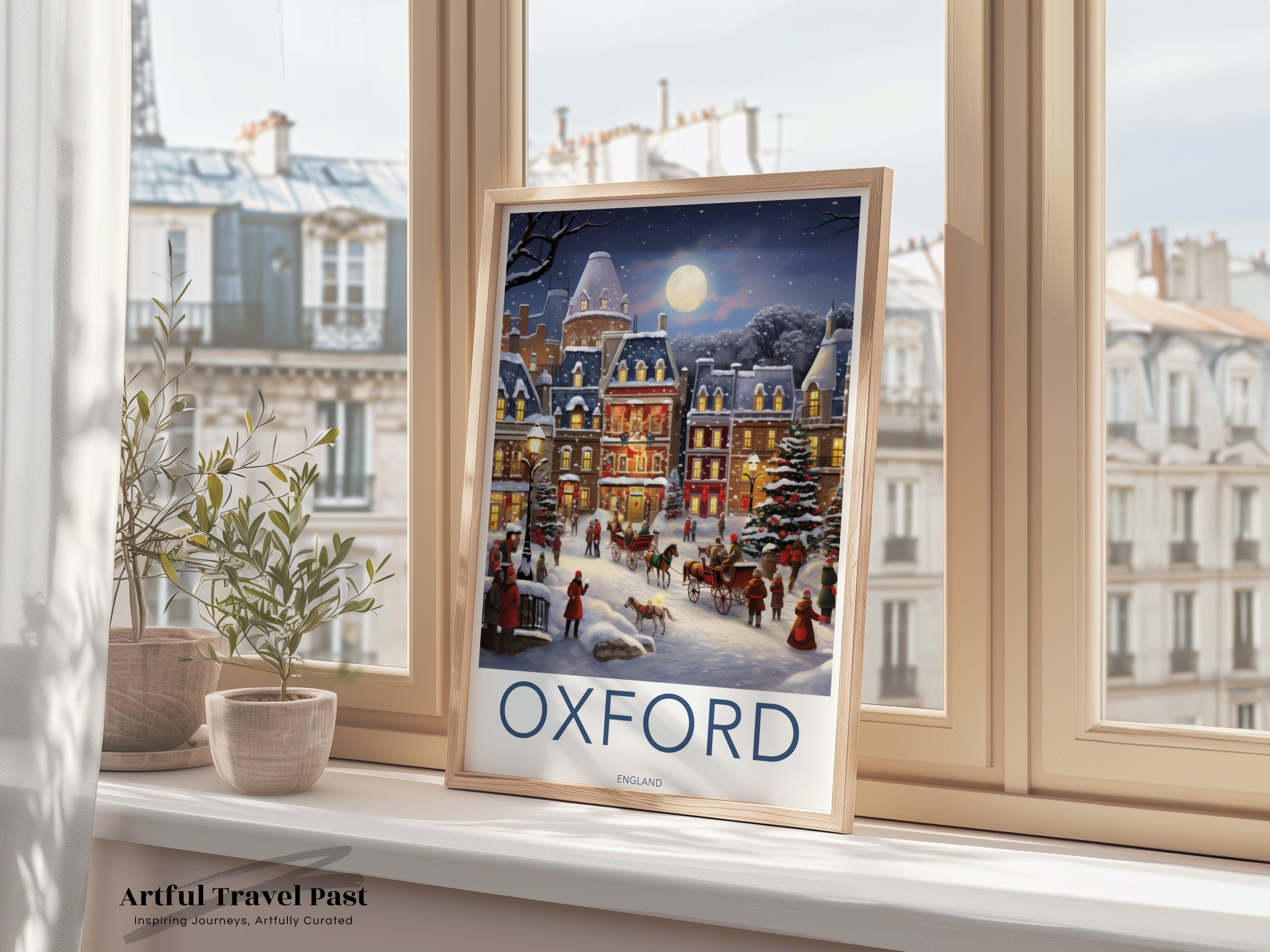 Oxford Winter Wonderland Wall Art, Christmas Night Scene Print, Snowy Evening Decor, Historic Architecture Illustration, Holiday Gift