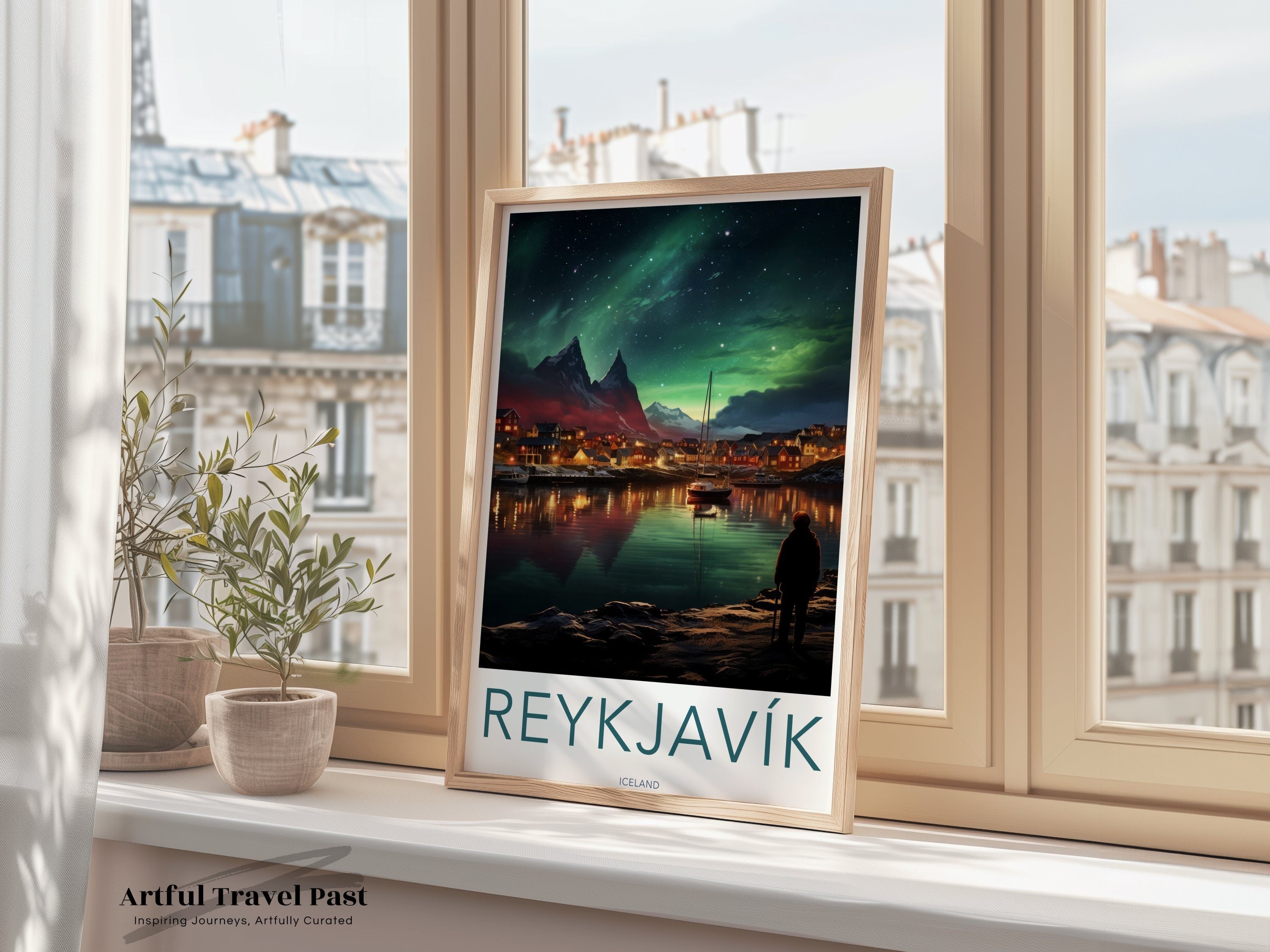 Reykjavik Iceland Aurora Borealis Night Sky Landscape, Scandinavian Scenic Wall Art Print, Stunning Northern Lights Posters, Home Decor