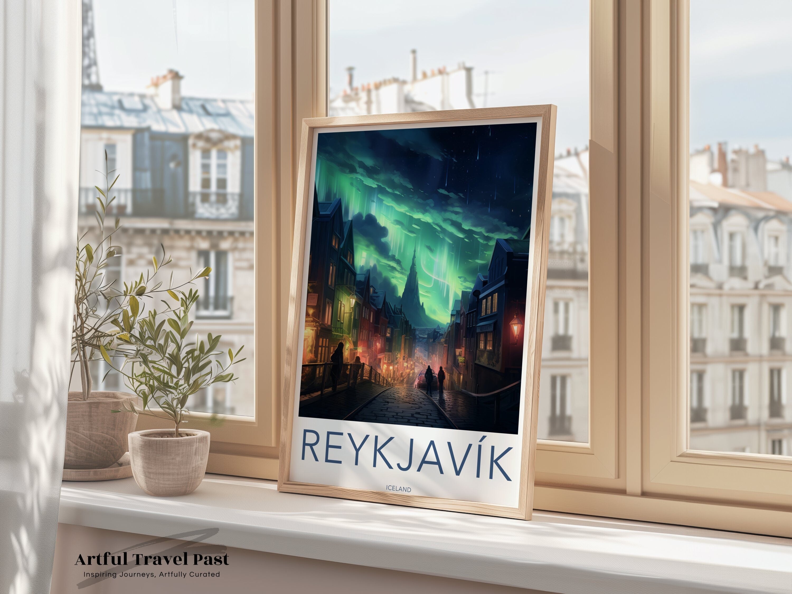 Reykjavik Cityscape Wall Art, Northern Lights Iceland Print, Reykjavik Night Skyline Poster, Nordic Urban Landscape Artwork