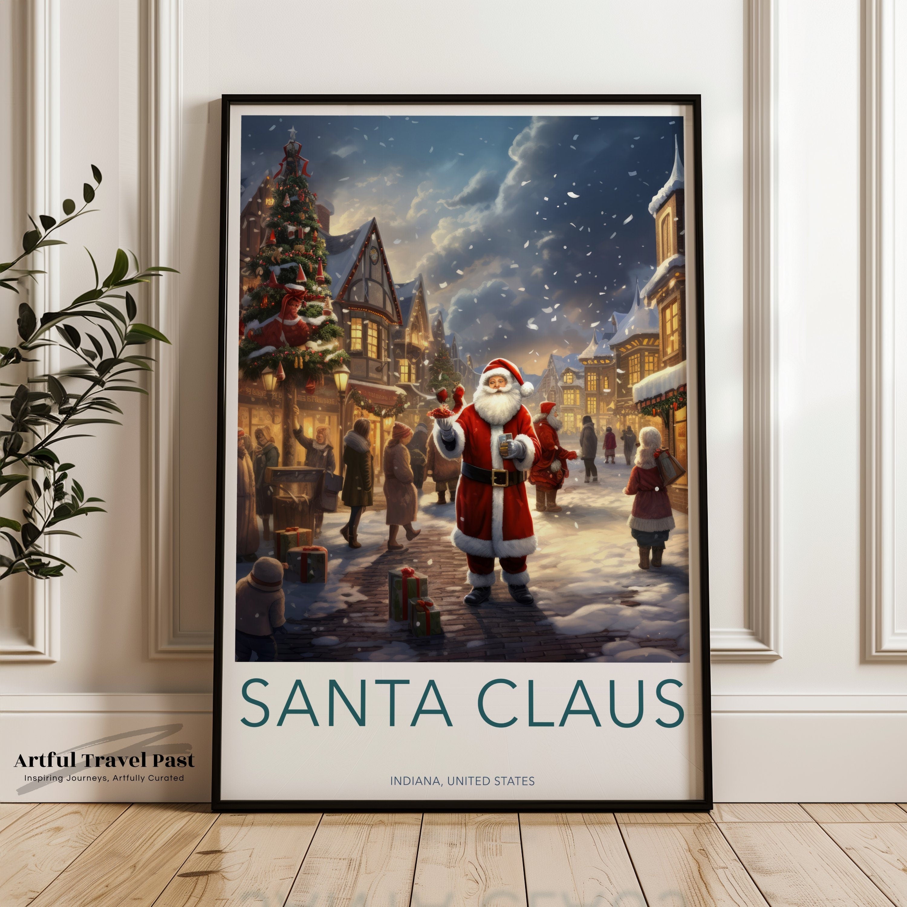 Santa Claus Christmas Village Winter Wonderland, Holiday Wall Art Print, Festive Seasonal Decor, Indiana Christmas Town Poster