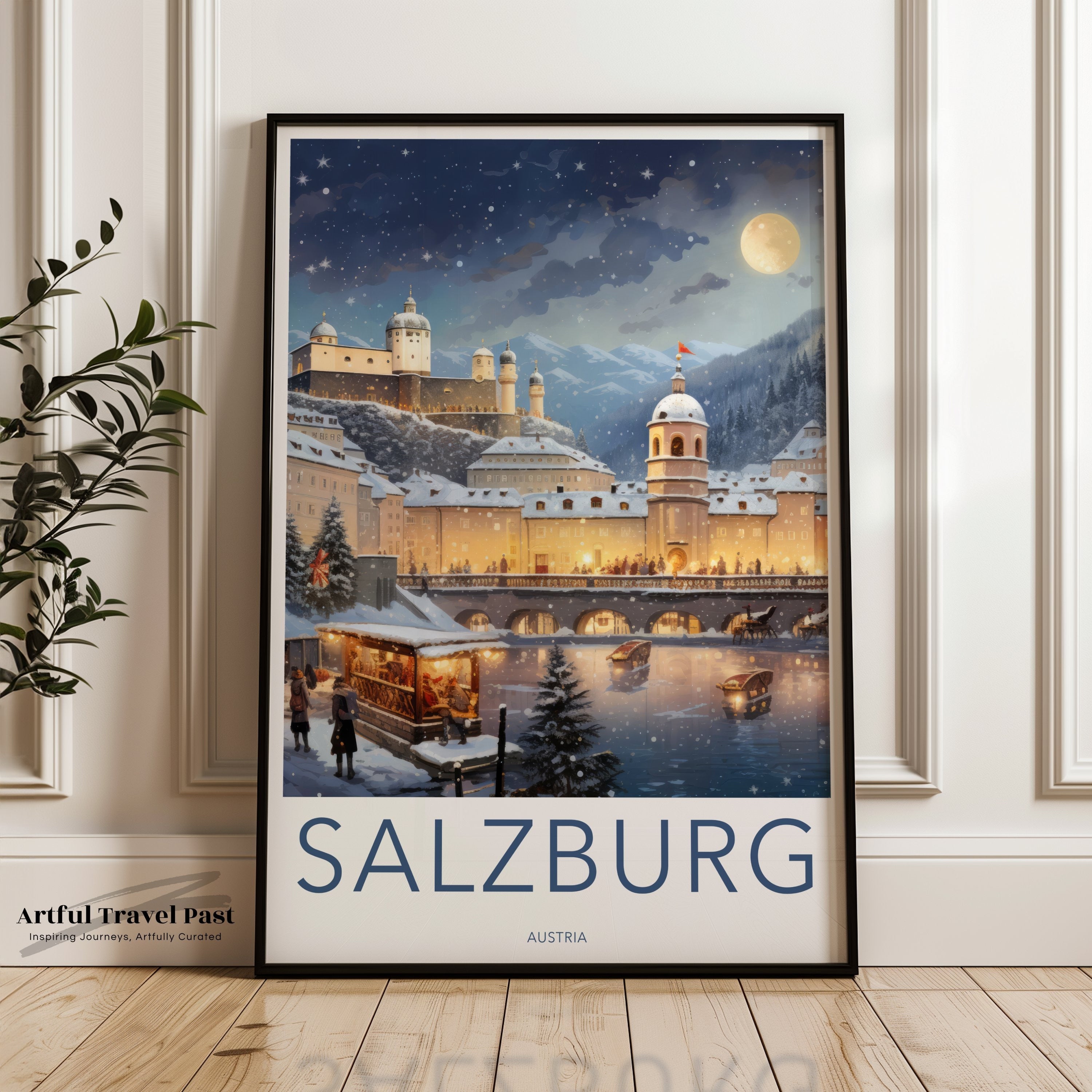 Salzburg Austria Winter Wonderland Night Scene Wall Art, Stunning Historical and Cultural Landmark, Snowy Town with Mountain Backdrop