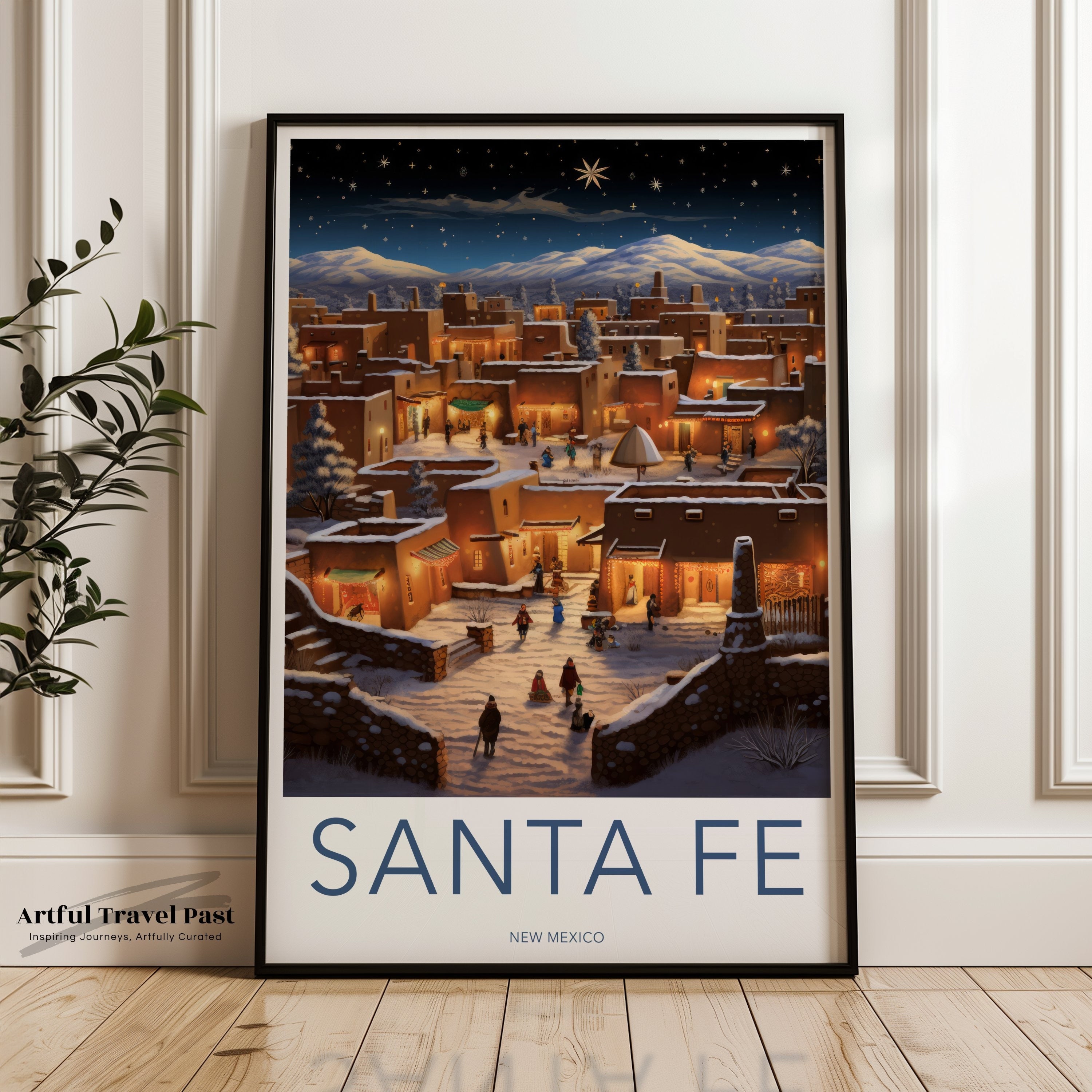 Santa Fe Wall Art, New Mexico Night Scene, Southwestern Wall Decor, Santa Fe Art Print, Starry Night Village, Adobe Homes