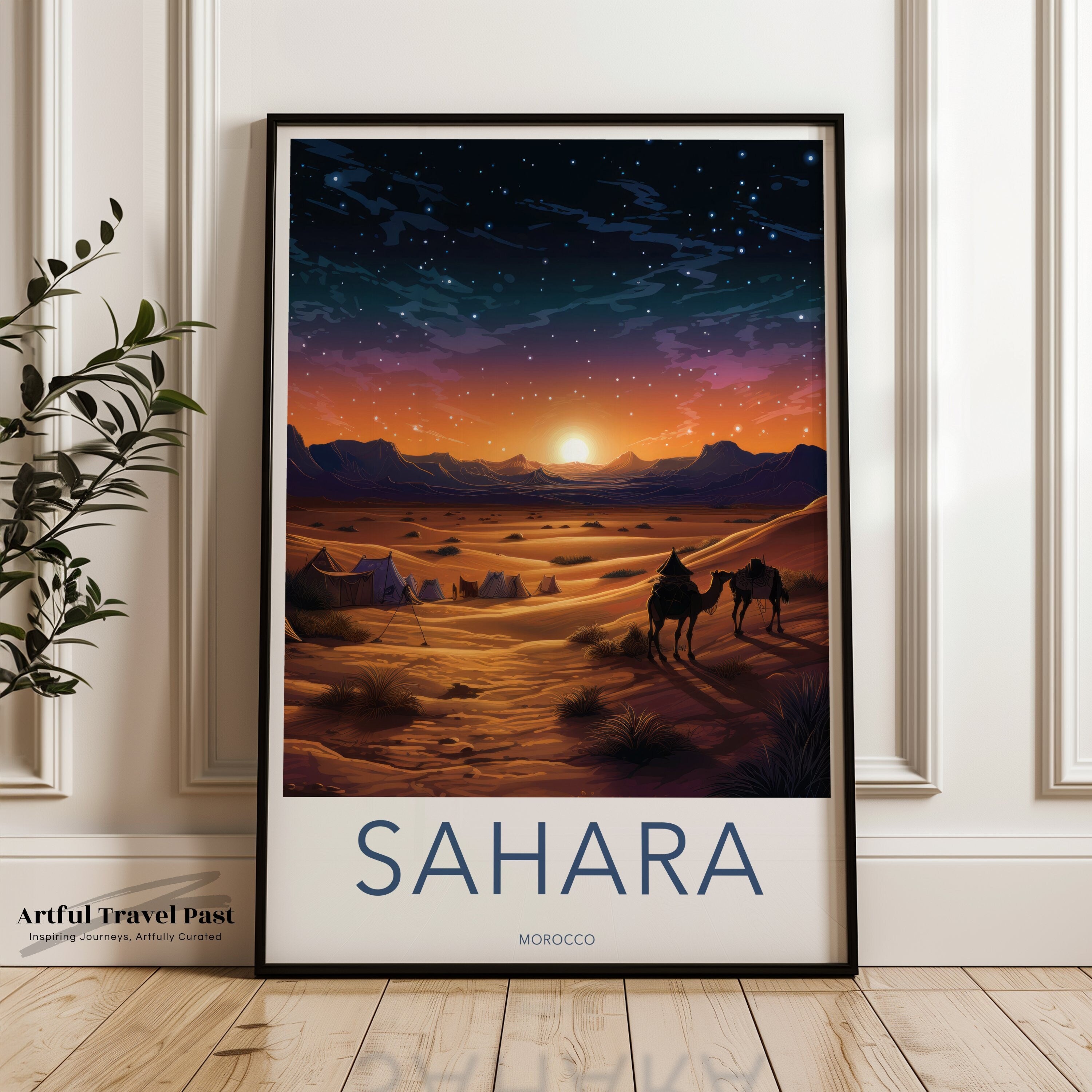 Sahara Desert Wall Art, Sunset Camel Caravan Poster, Moroccan Desert Landscape Print, Starry Night Photography, Bohemian Home Decor