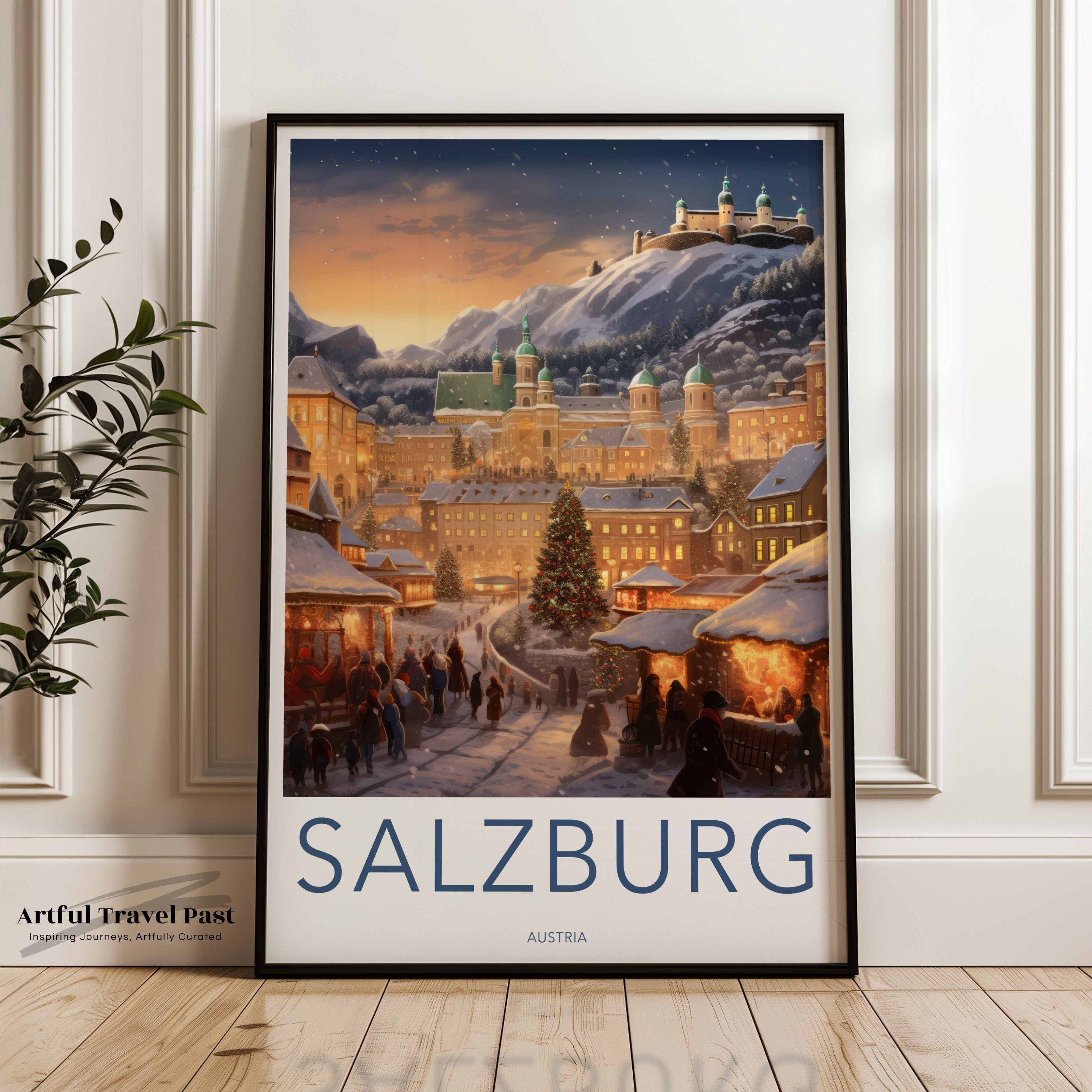 Salzburg Austria Winter Wonderland Wall Art, Christmas Market Illustration Print, Romantic Snowy Townscape Artwork, Historical City Scene