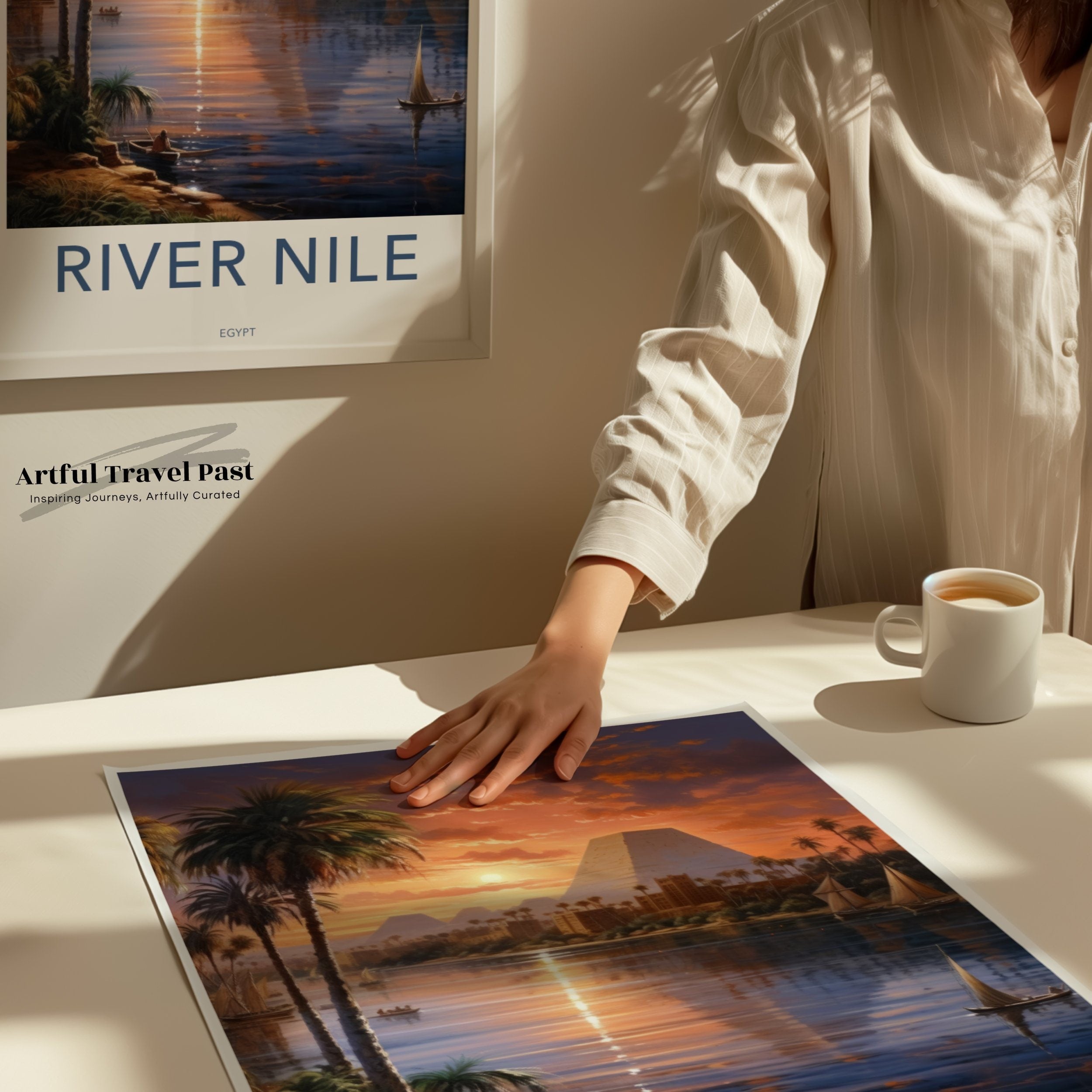 River Nile Wall Art Print, Sunset over River Nile, Egypt Wall Decor, Pyramids and Palm Trees Art, Egyptian Cultural Landmarks Poster