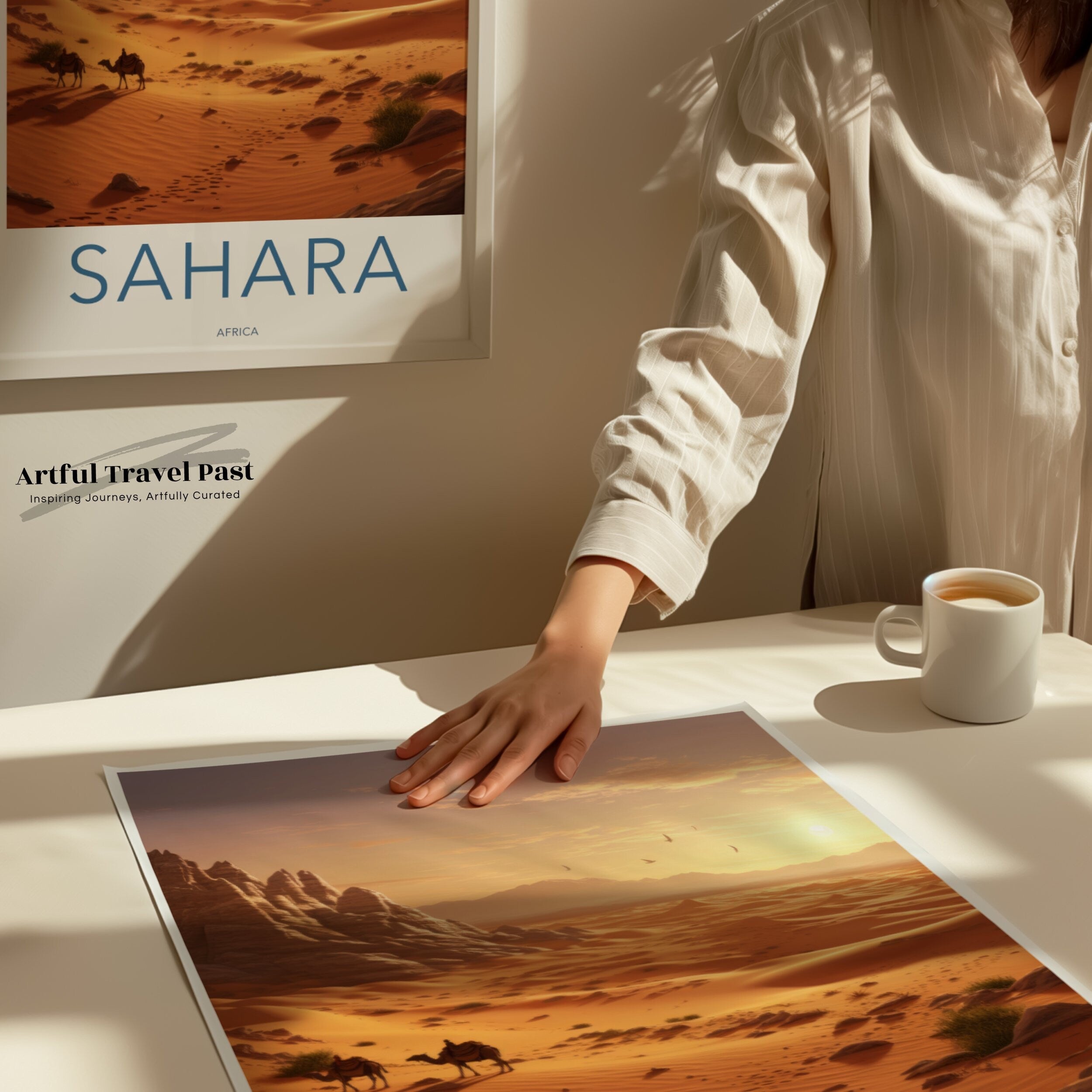 Sahara Wall Art, Stunning Desert Landscape, Camel Caravan in the Sahara, African Desert Sunset, Scenic Wall Decor