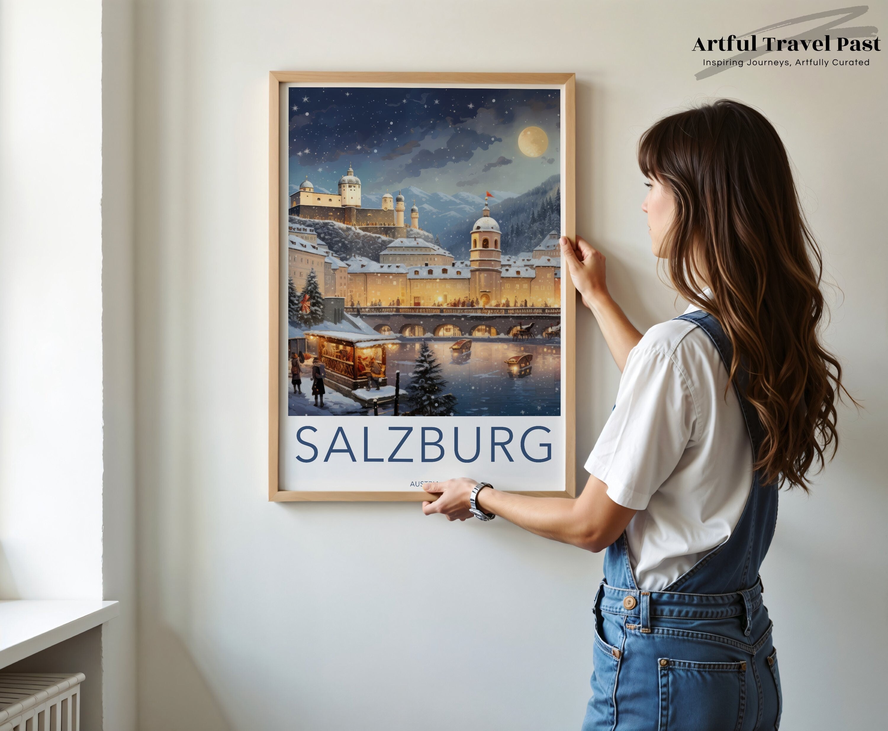 Salzburg Austria Winter Wonderland Night Scene Wall Art, Stunning Historical and Cultural Landmark, Snowy Town with Mountain Backdrop