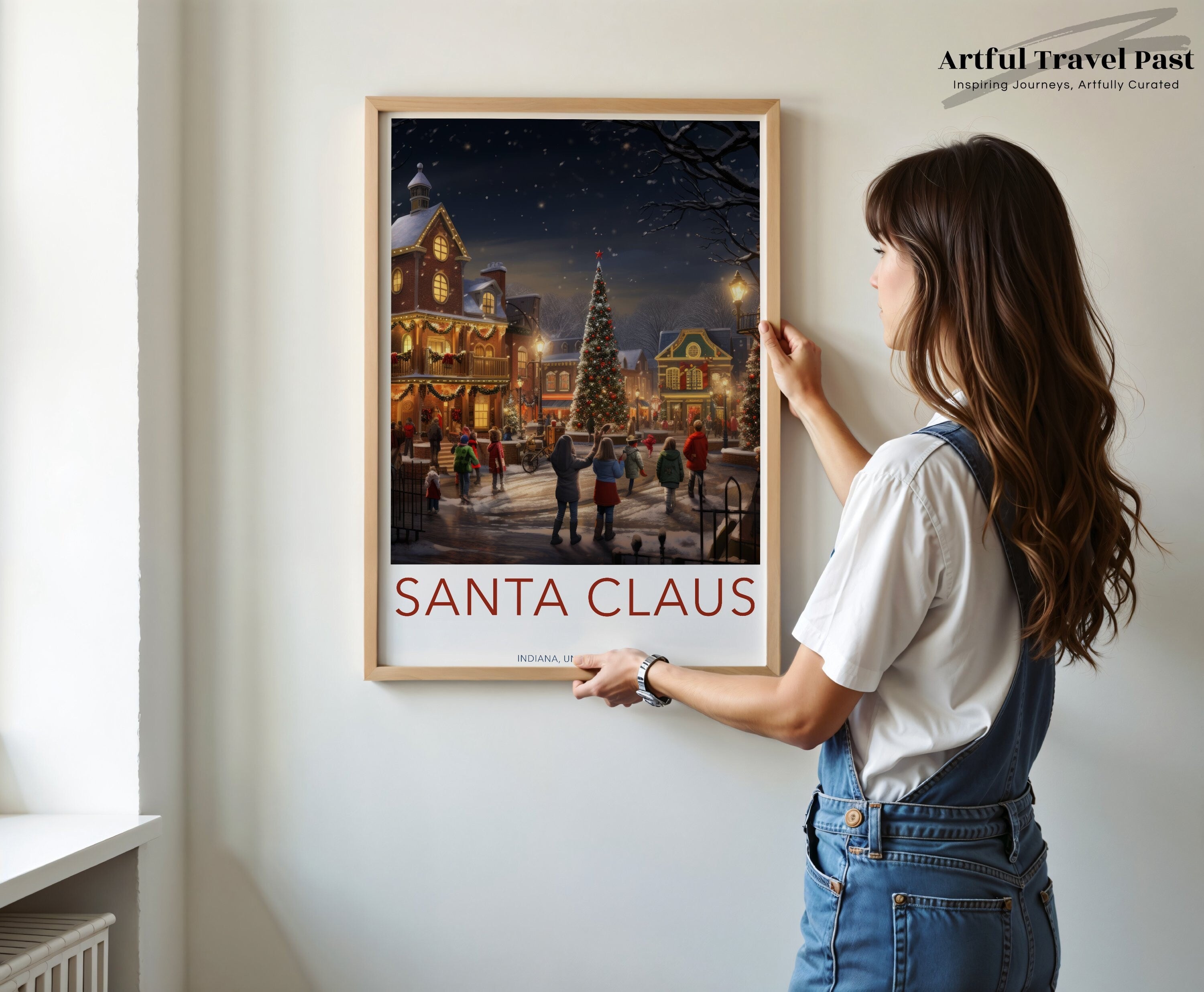 Santa Claus Indiana Christmas Scene Wall Art, Holiday Town Square Print, Festive Winter Night Poster, Christmas Decor Artwork