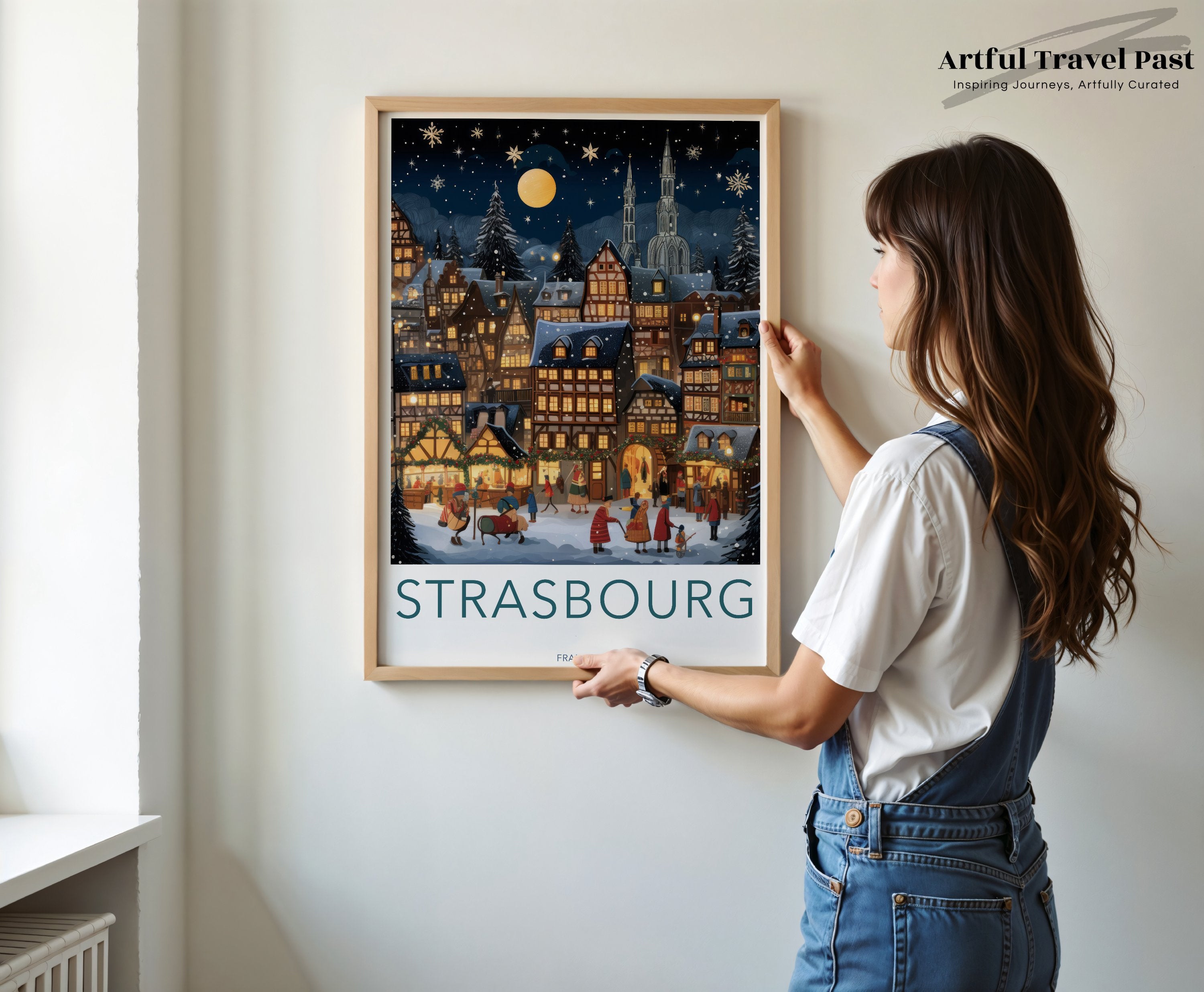 Strasbourg Wall Art, Historic Cityscape Illustration, Winter Night Scene, Festive Holiday Decor, European Architecture Print