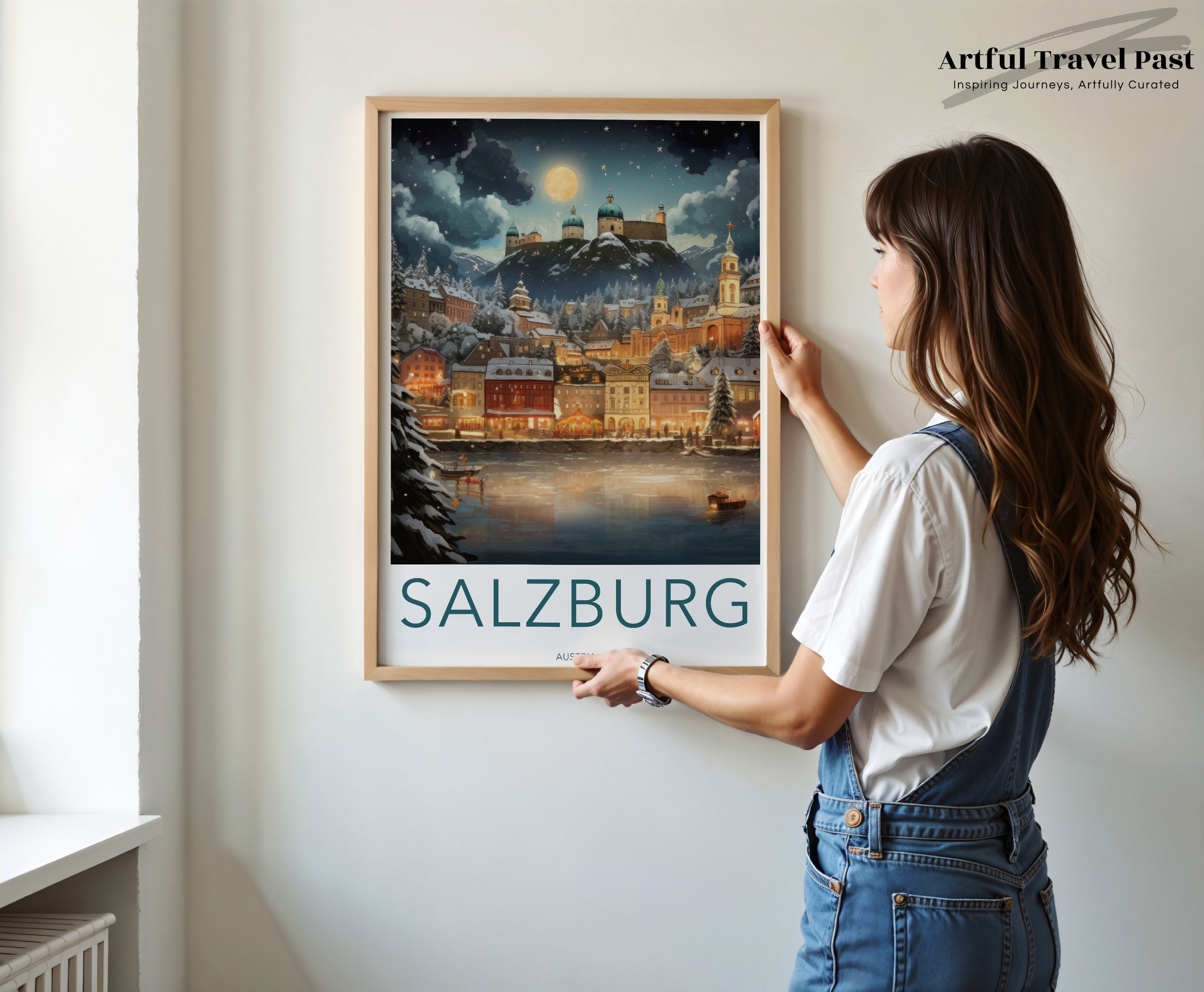 Salzburg Wall Art, Austria Travel Poster, Scenic City Print, European Architecture Decor, Historic Landmark Artwork, Winter Wonderland