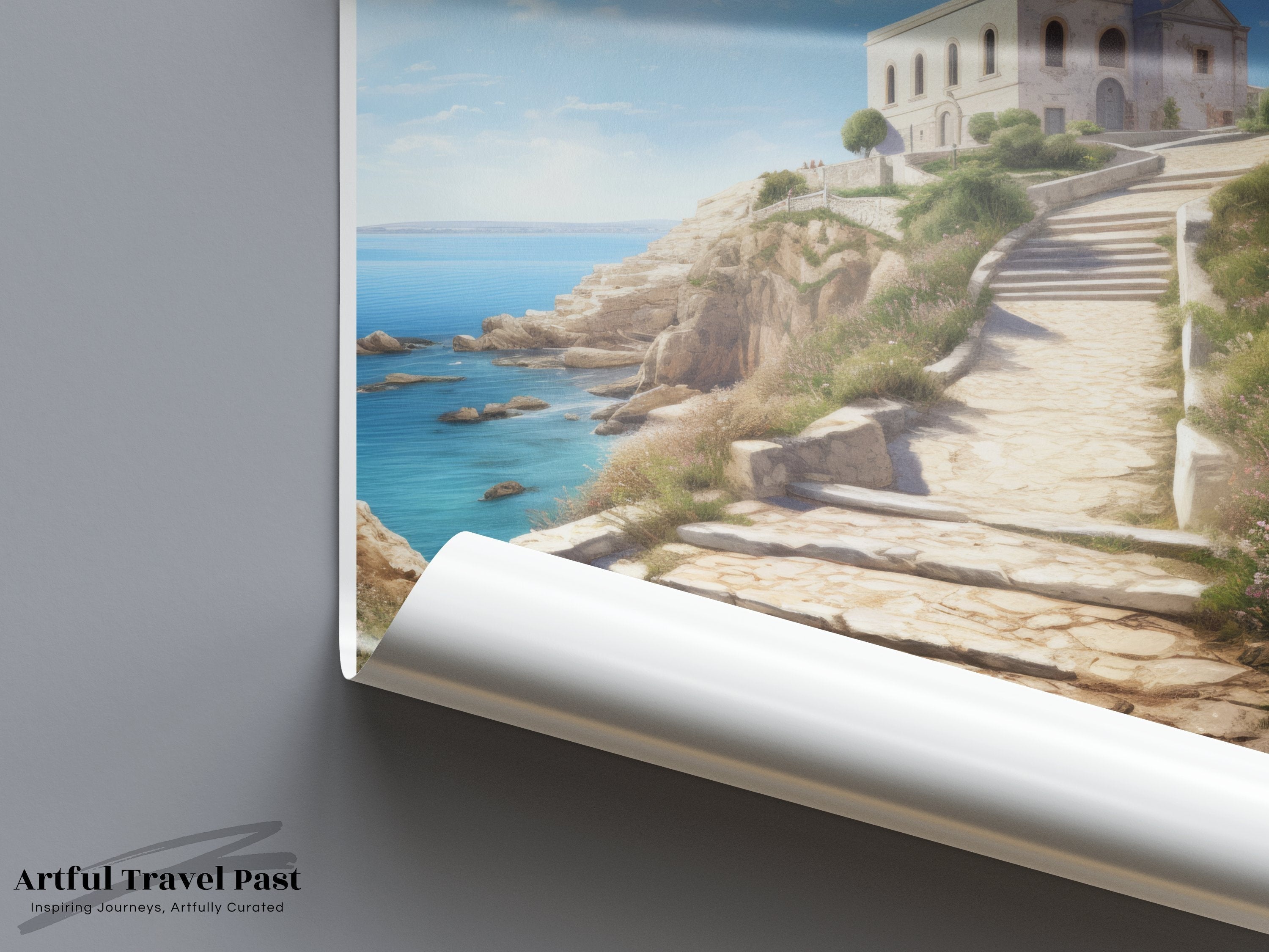 Santa Maria Coastal Path Wall Art, Italy Seaside Church Artwork, Scenic Chapel Print, Mediterranean Landscape Poster, European Decor