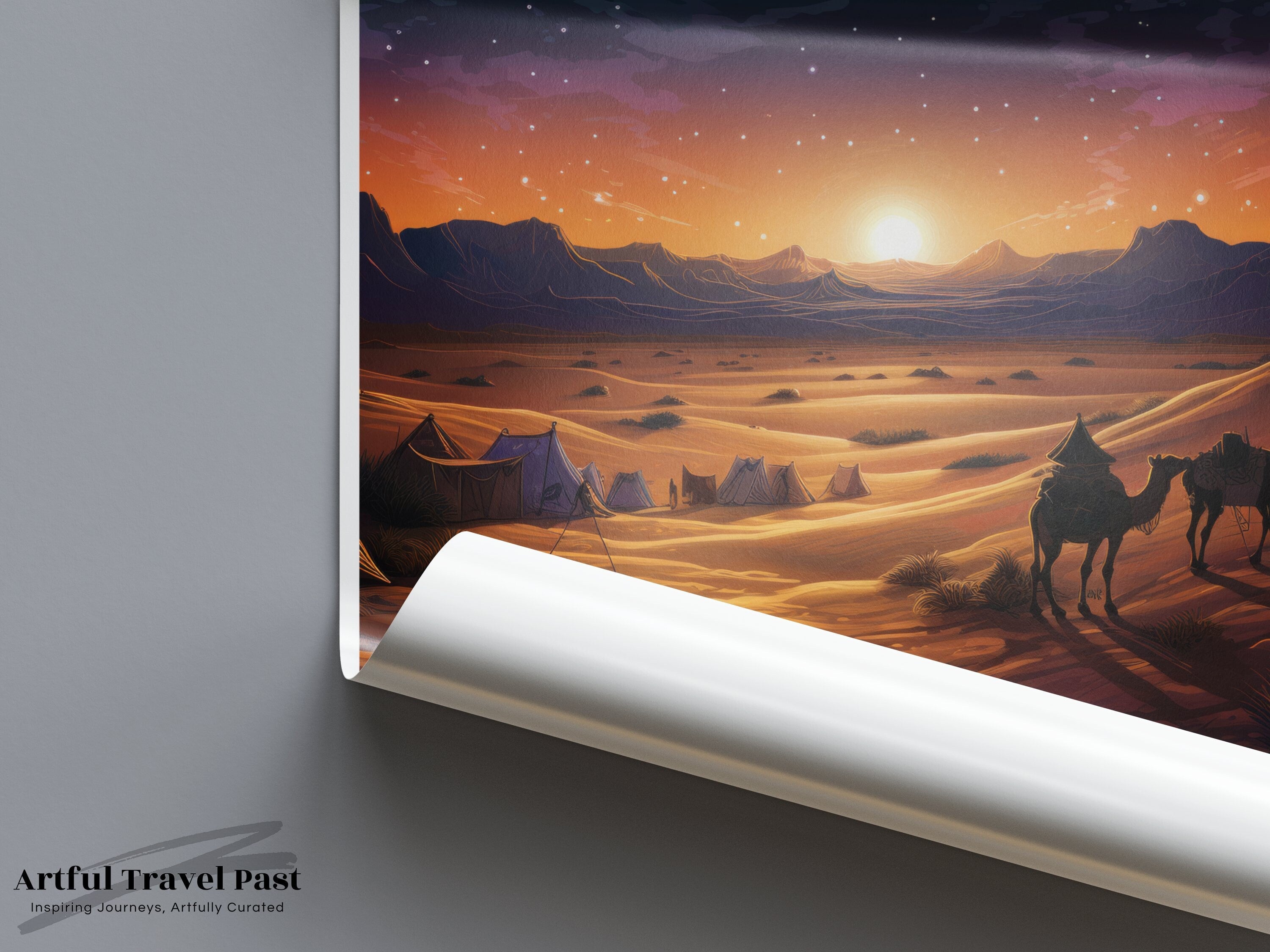 Sahara Desert Wall Art, Sunset Camel Caravan Poster, Moroccan Desert Landscape Print, Starry Night Photography, Bohemian Home Decor