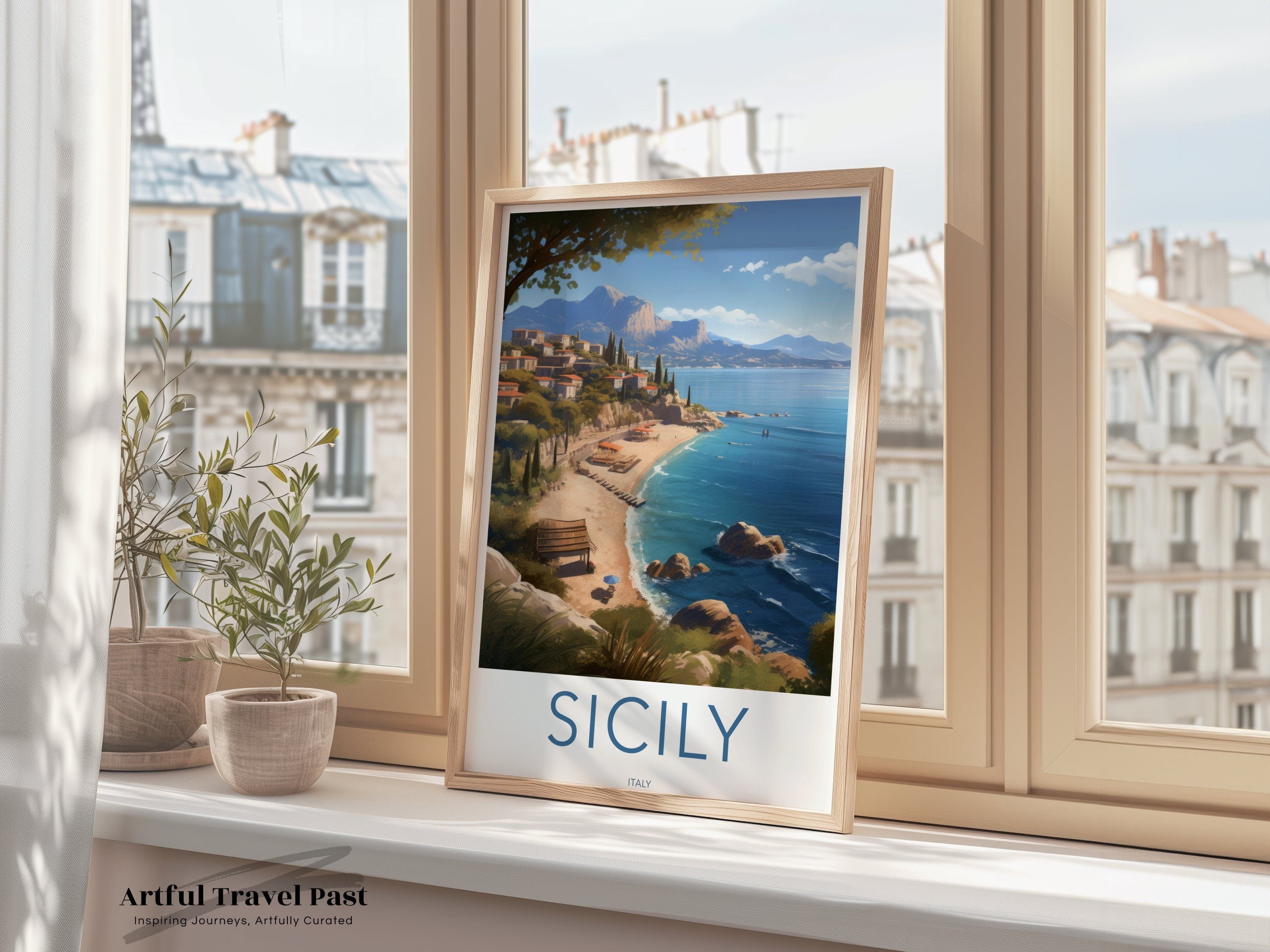 Sicily Italy Coastal View Wall Art, Mediterranean Landscape Artwork, Beach and Mountain Scene, Italian Seaside Decor