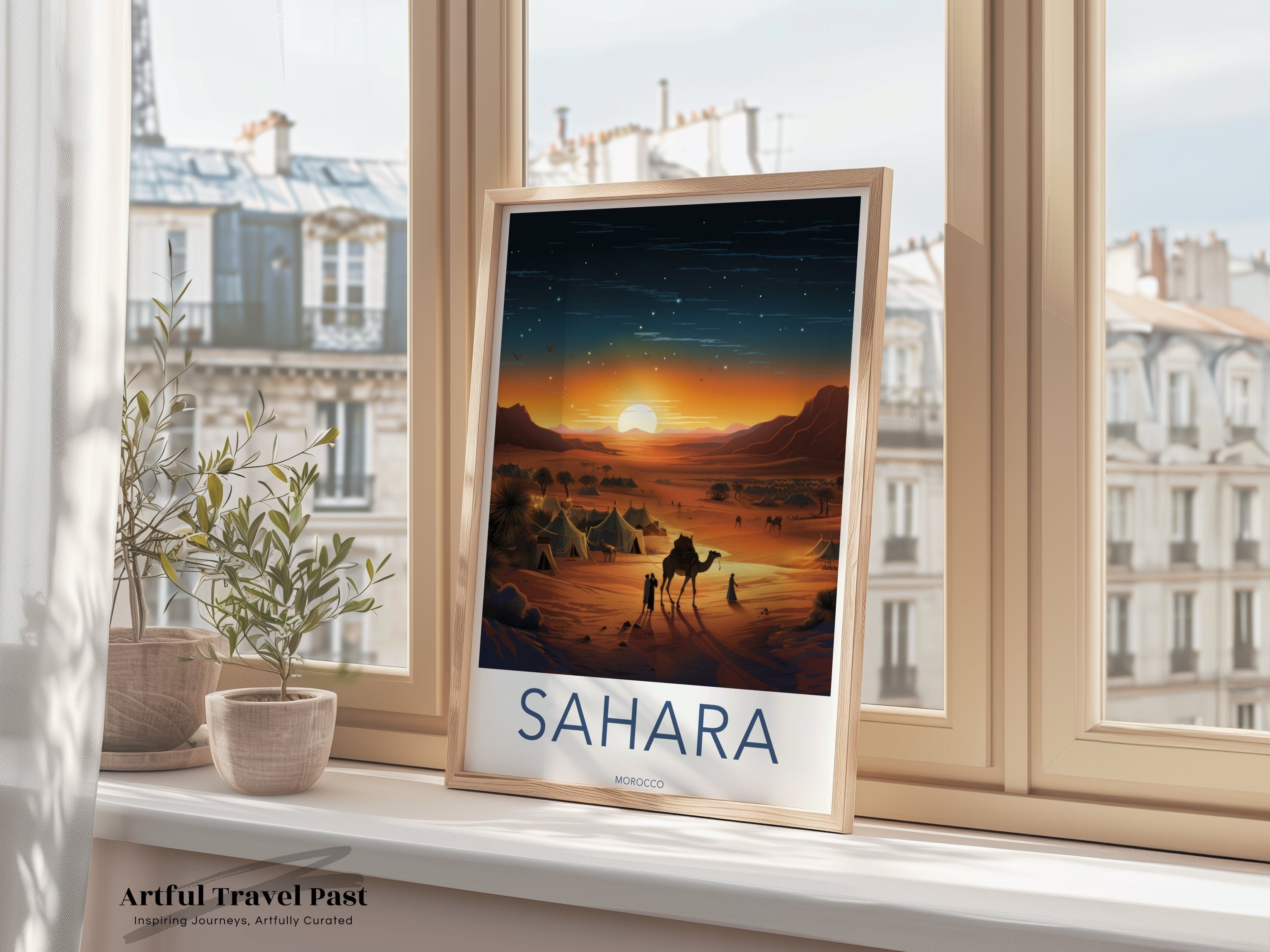 Sahara Desert Sunset Wall Art, Moroccan Desert Landscape Print, Camel Caravan Poster, Nomadic Life Artwork, Boho Home Decor, Travel Lover