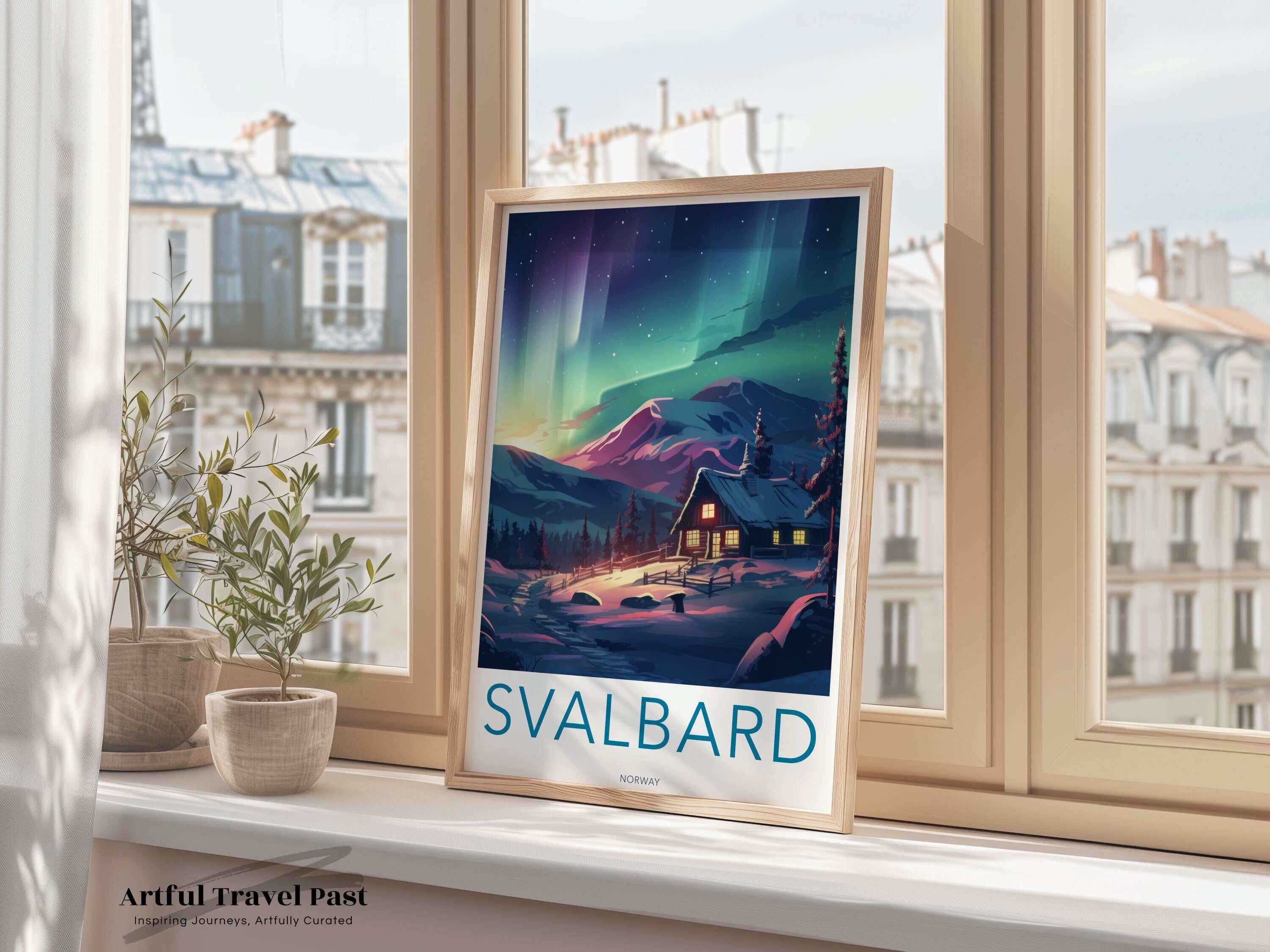 Svalbard Norway Northern Lights Wall Art, Nordic Landscape Print, Arctic Mountain Decor, Scandinavian Winter Wonderland Poster