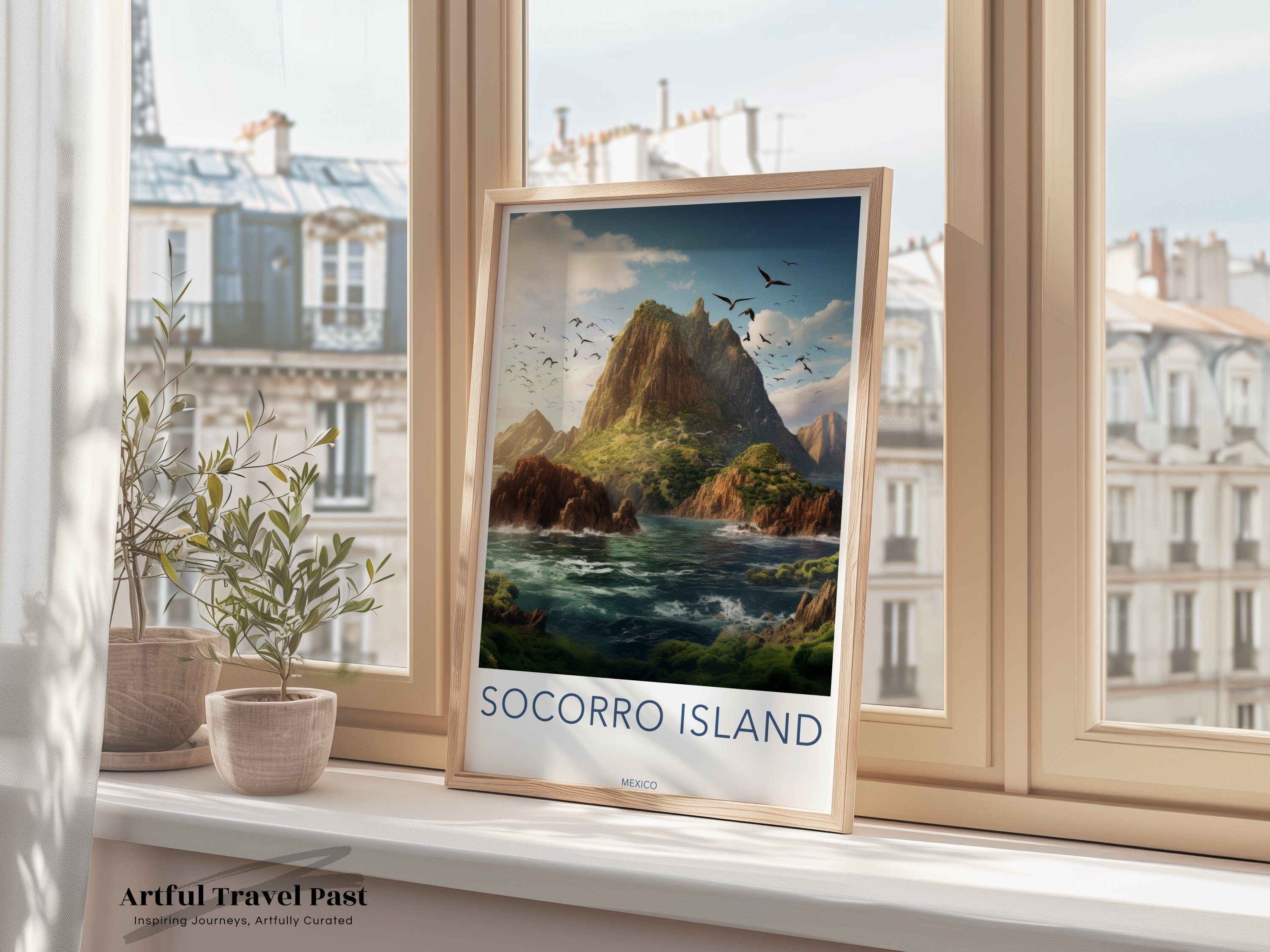 Socorro Island Wall Art Print, Mexico Landscape Poster, Nature Artwork, Scenic View Decor, Beautiful Ocean and Mountain Painting, Tropical