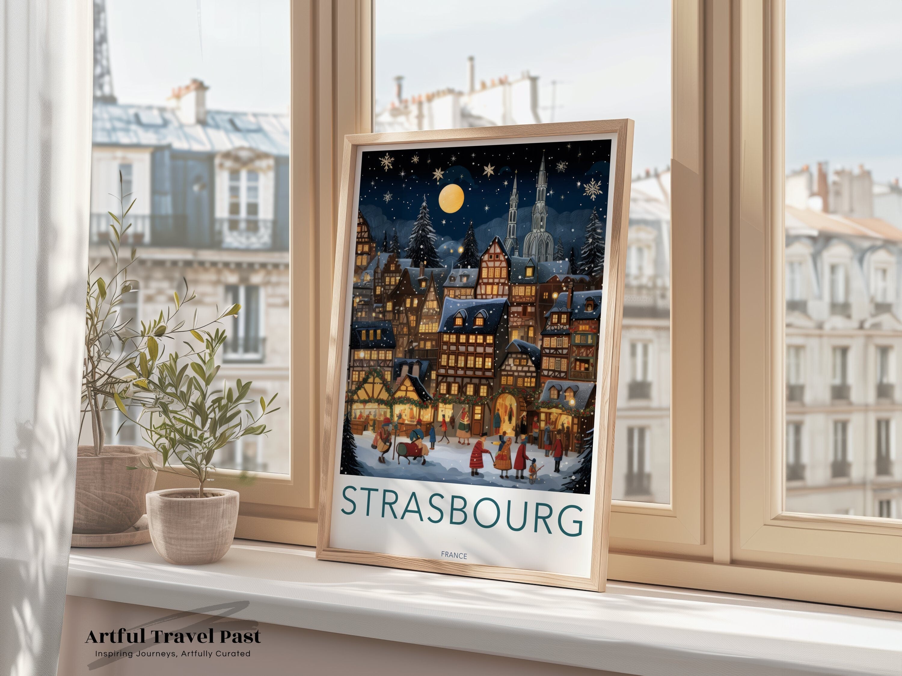 Strasbourg Wall Art, Historic Cityscape Illustration, Winter Night Scene, Festive Holiday Decor, European Architecture Print