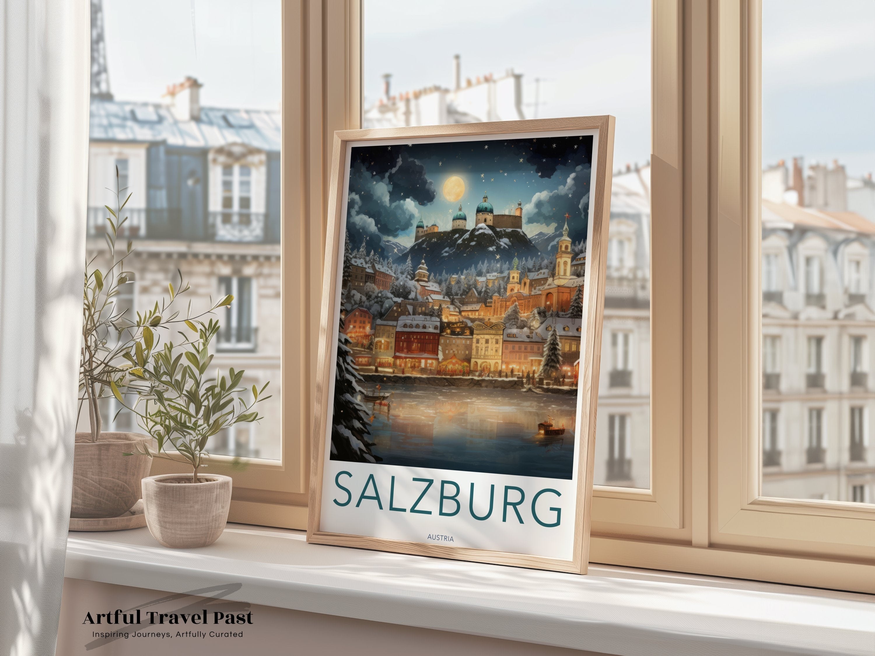 Salzburg Wall Art, Austria Travel Poster, Scenic City Print, European Architecture Decor, Historic Landmark Artwork, Winter Wonderland