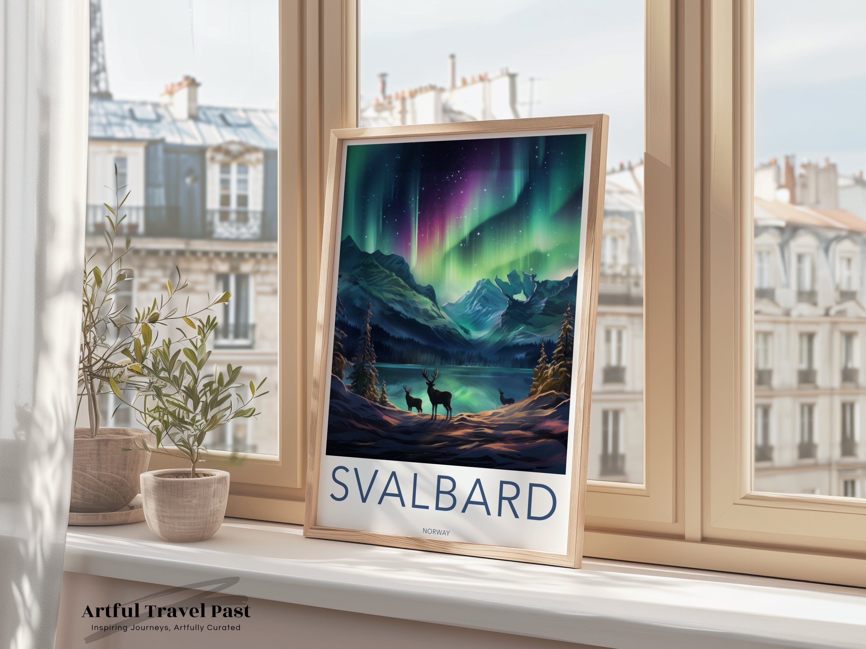 Northern Lights Wall Art, Nature Landscape Print, Aurora Borealis Decor, Scandinavian Night Sky, Svalbard Norway Poster, Stag Deer Scene