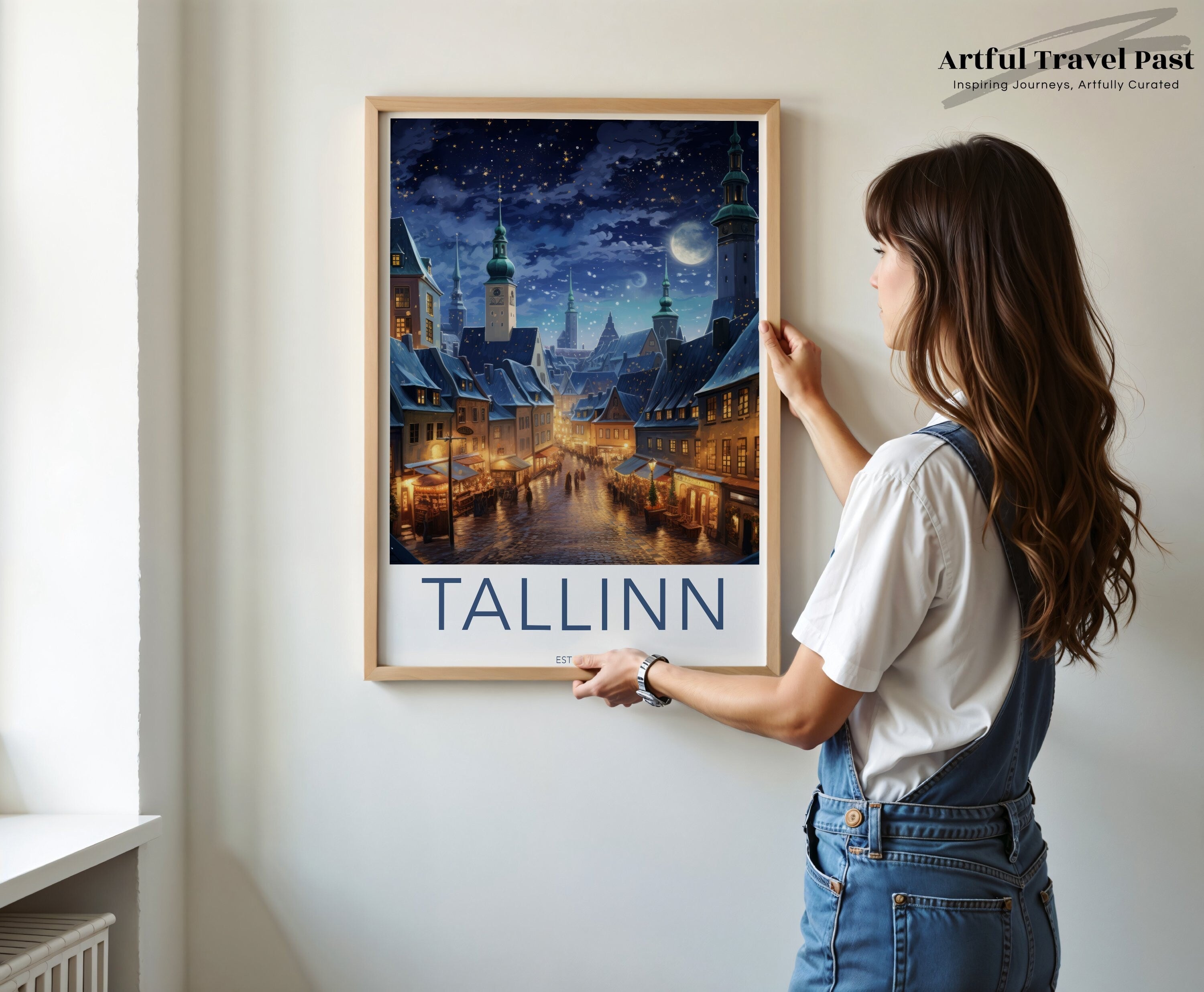 Tallinn Wall Art, Night Cityscape Poster, Estonia Travel Print, Historic European Architecture, Scenic Winter Artwork, City Lights Decor