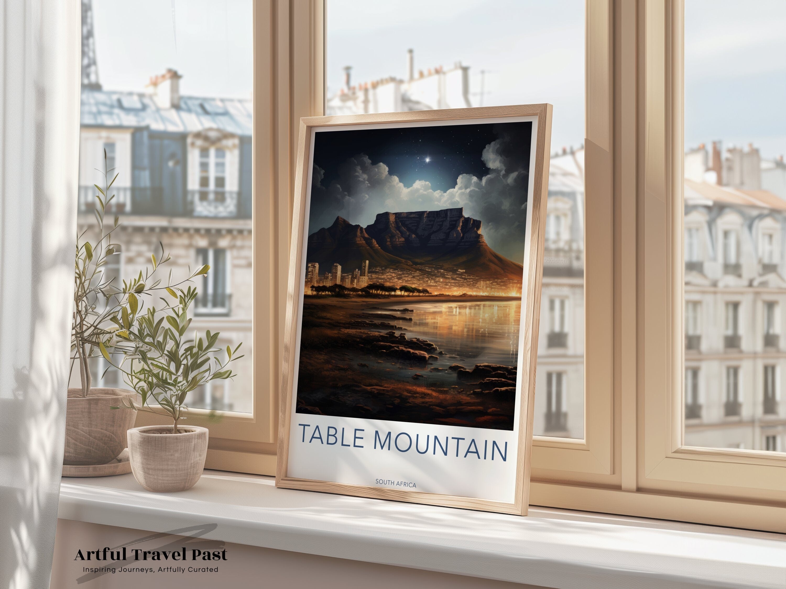 Table Mountain Wall Art, Cape Town Wall Decor, South Africa Landscape Print, Night Sky Poster, City Lights Art Print