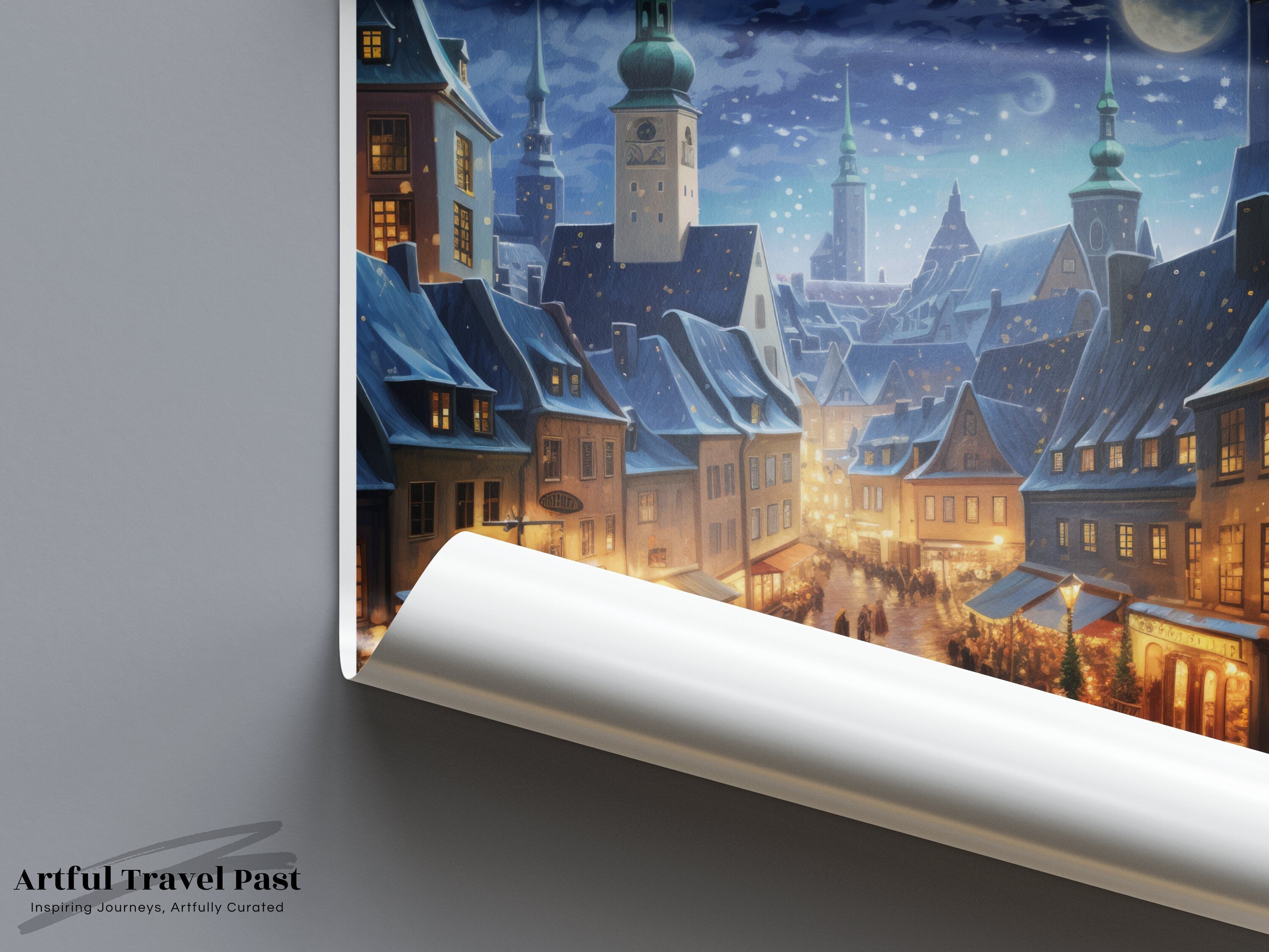 Tallinn Wall Art, Night Cityscape Poster, Estonia Travel Print, Historic European Architecture, Scenic Winter Artwork, City Lights Decor