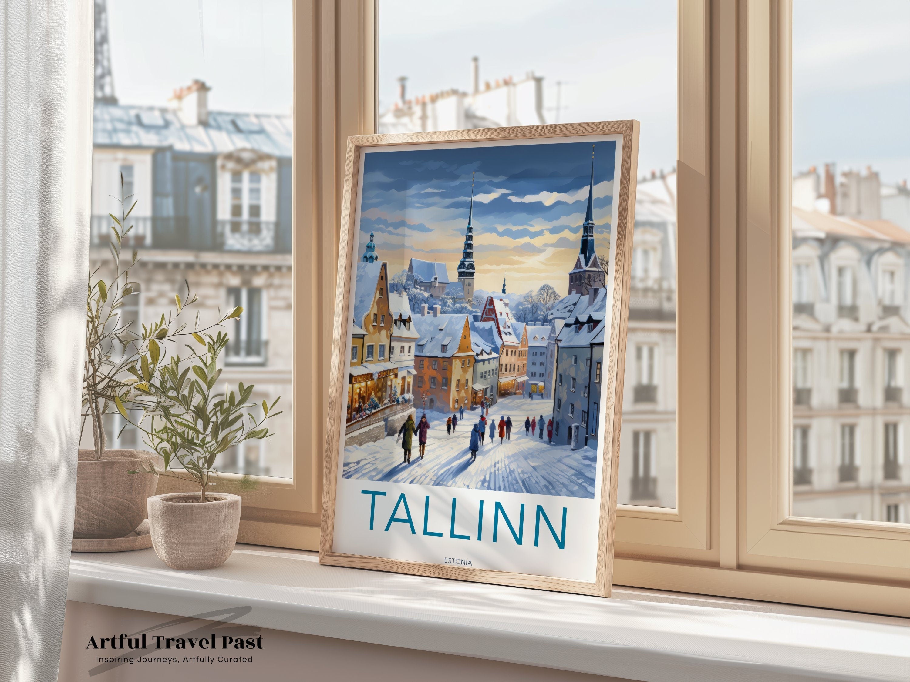 Tallinn Estonia Snowy Street Scene, Winter Wall Art, Historic European Cityscape, Colorful Architecture, Travel Poster, Gift for Travelers