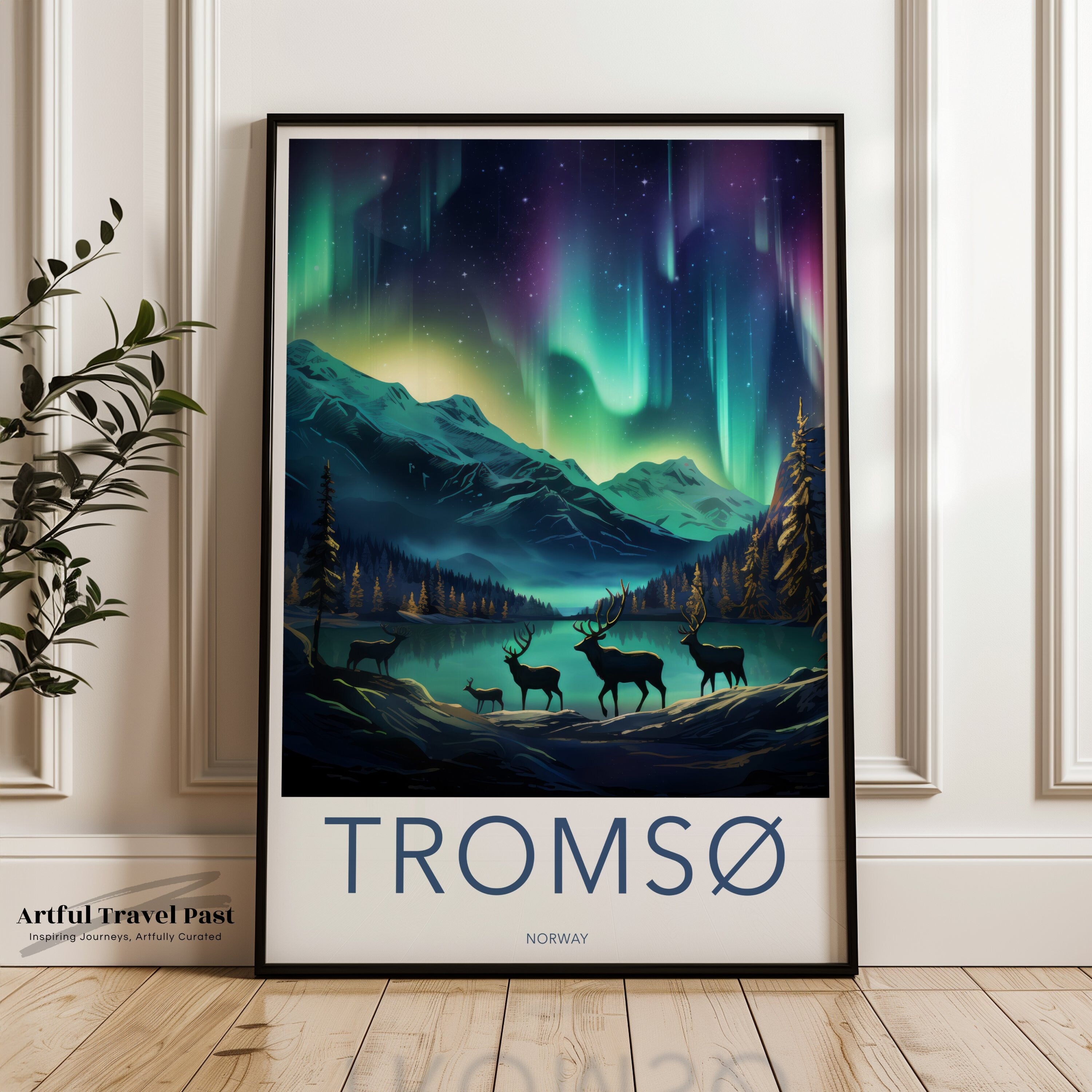 Tromsø Norway Wall Art, Northern Lights Night Sky Poster, Reindeer Landscape Print, Scandinavian Mountain Decor, Aurora Borealis Canvas