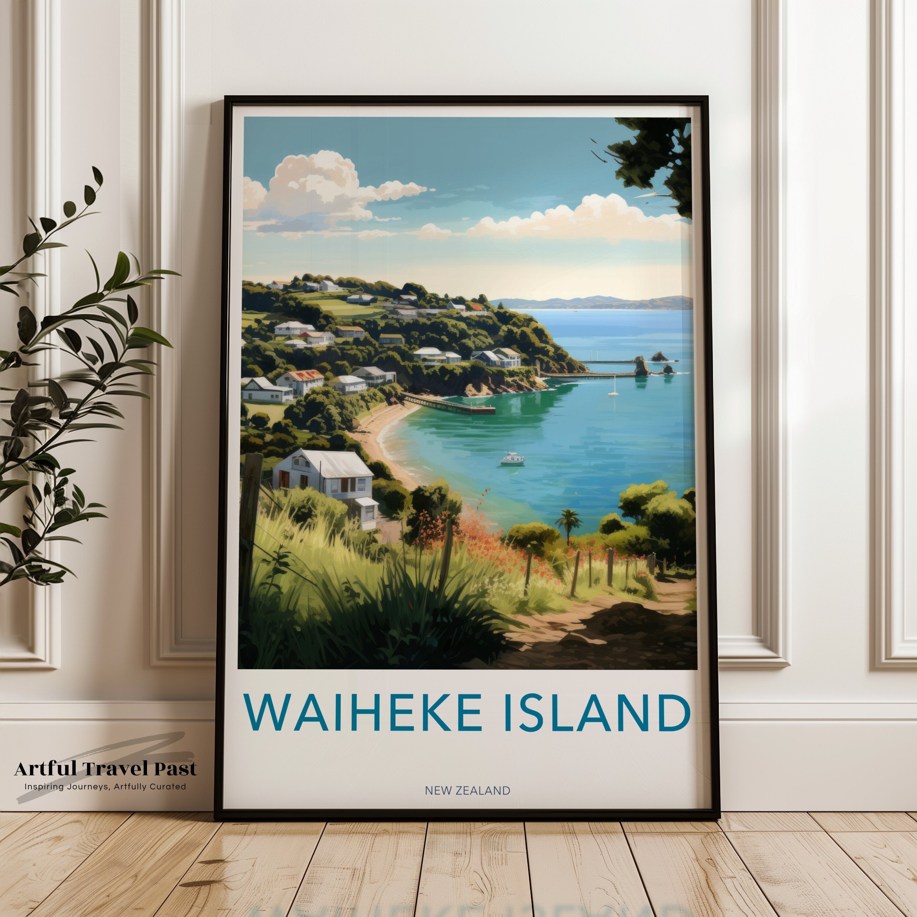 Waiheke Island Wall Art, New Zealand Travel Poster, Beach Landscape Print, Coastal Home Decor, Vintage Style, Artwork for Living Room