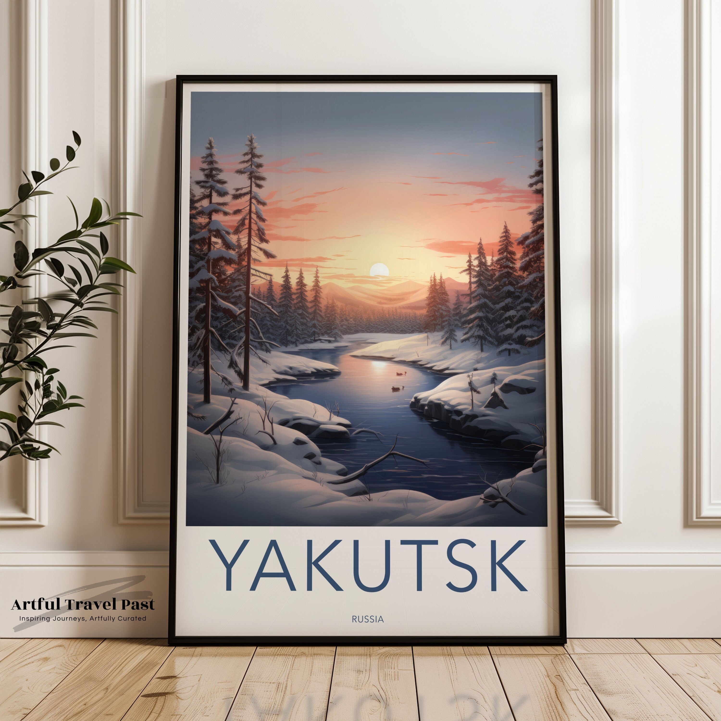 Yakutsk Winter Landscape Wall Art, Sunset River Scene, Snowy Forest Painting, Russian Nature Art, Serene Winter Wonderland Print