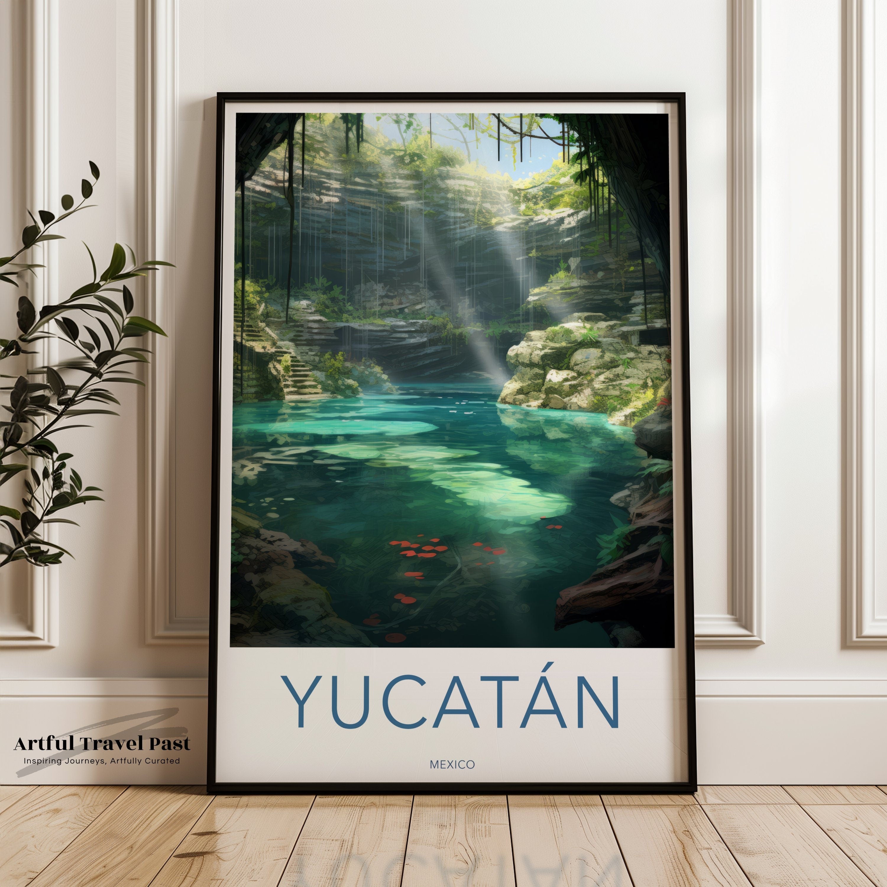 Yucatan Wall Art, Mexico Travel Poster, Exotic Nature Print, Jungle Lagoon Artwork, Scenic Cenote Painting, Tropical Paradise Decor