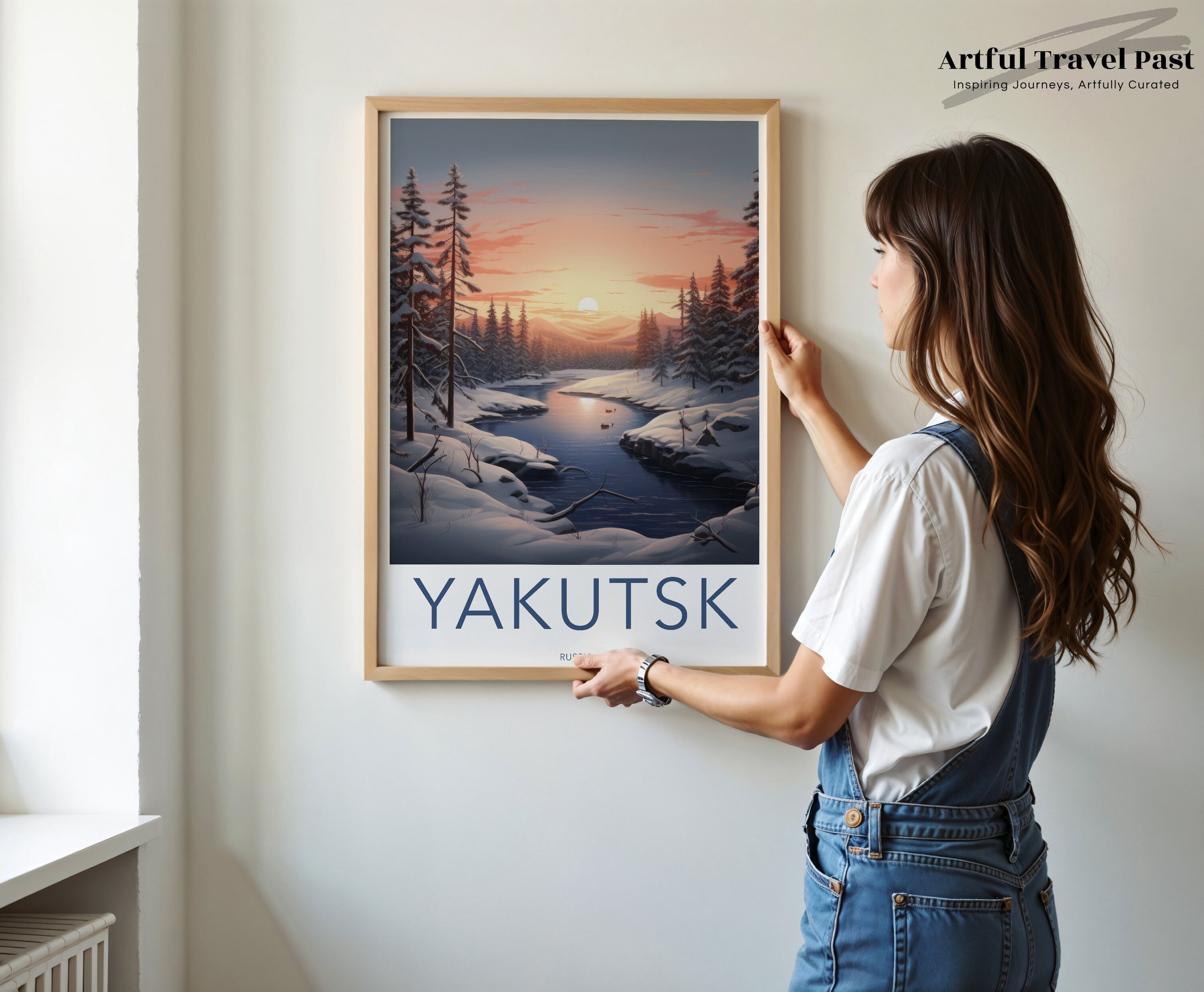 Yakutsk Winter Landscape Wall Art, Sunset River Scene, Snowy Forest Painting, Russian Nature Art, Serene Winter Wonderland Print