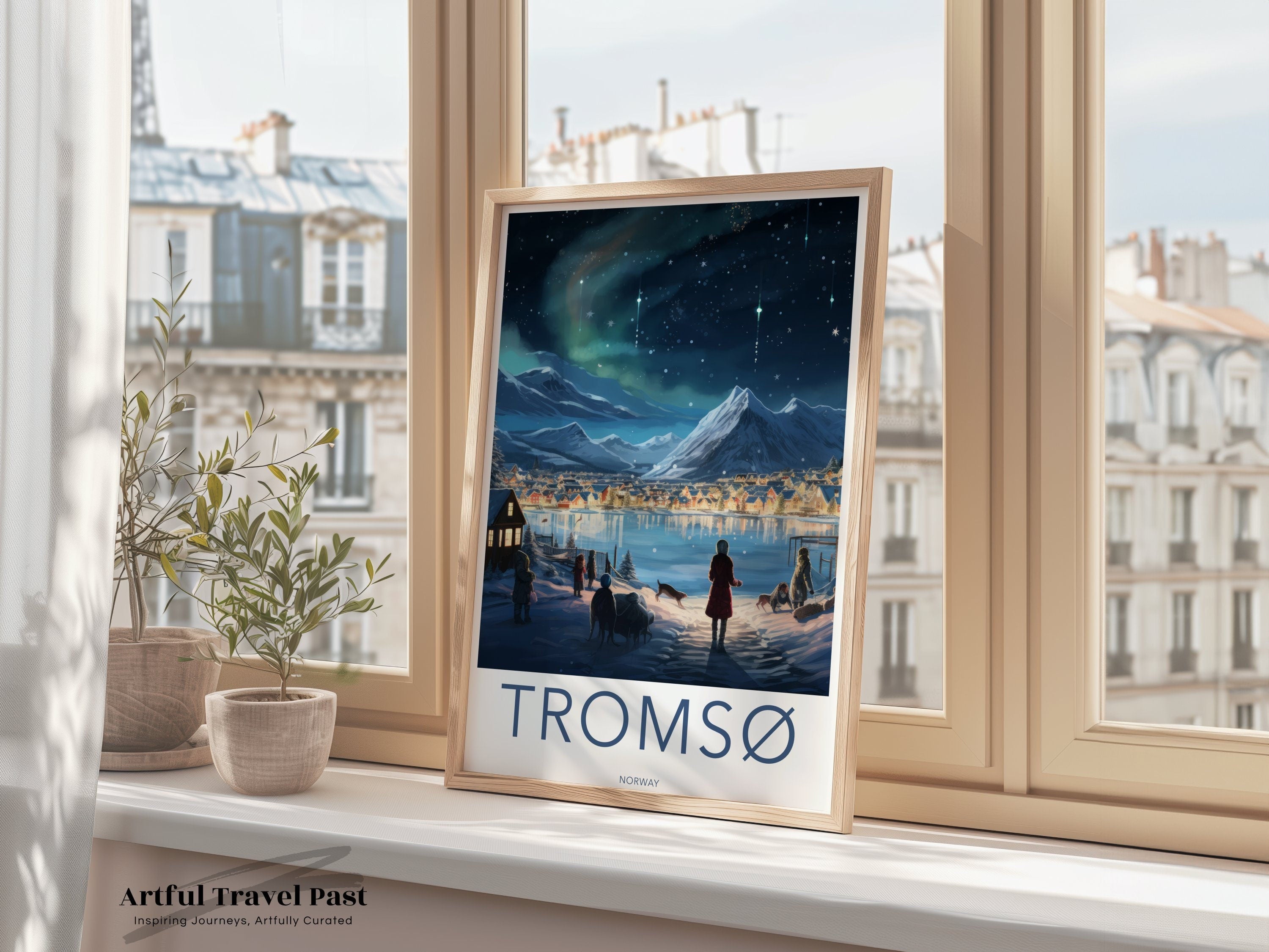 Tromsø Norway Night Scene, Northern Lights Winter Landscape, Scandinavian Village Wall Art, Arctic Home Decor, Winter Wonderland Print