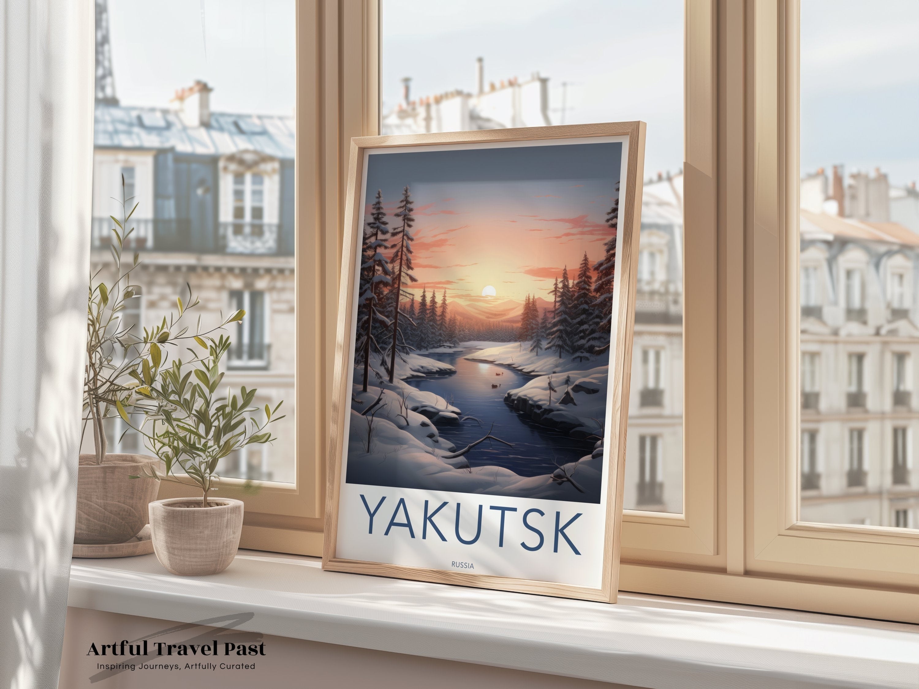 Yakutsk Winter Landscape Wall Art, Sunset River Scene, Snowy Forest Painting, Russian Nature Art, Serene Winter Wonderland Print