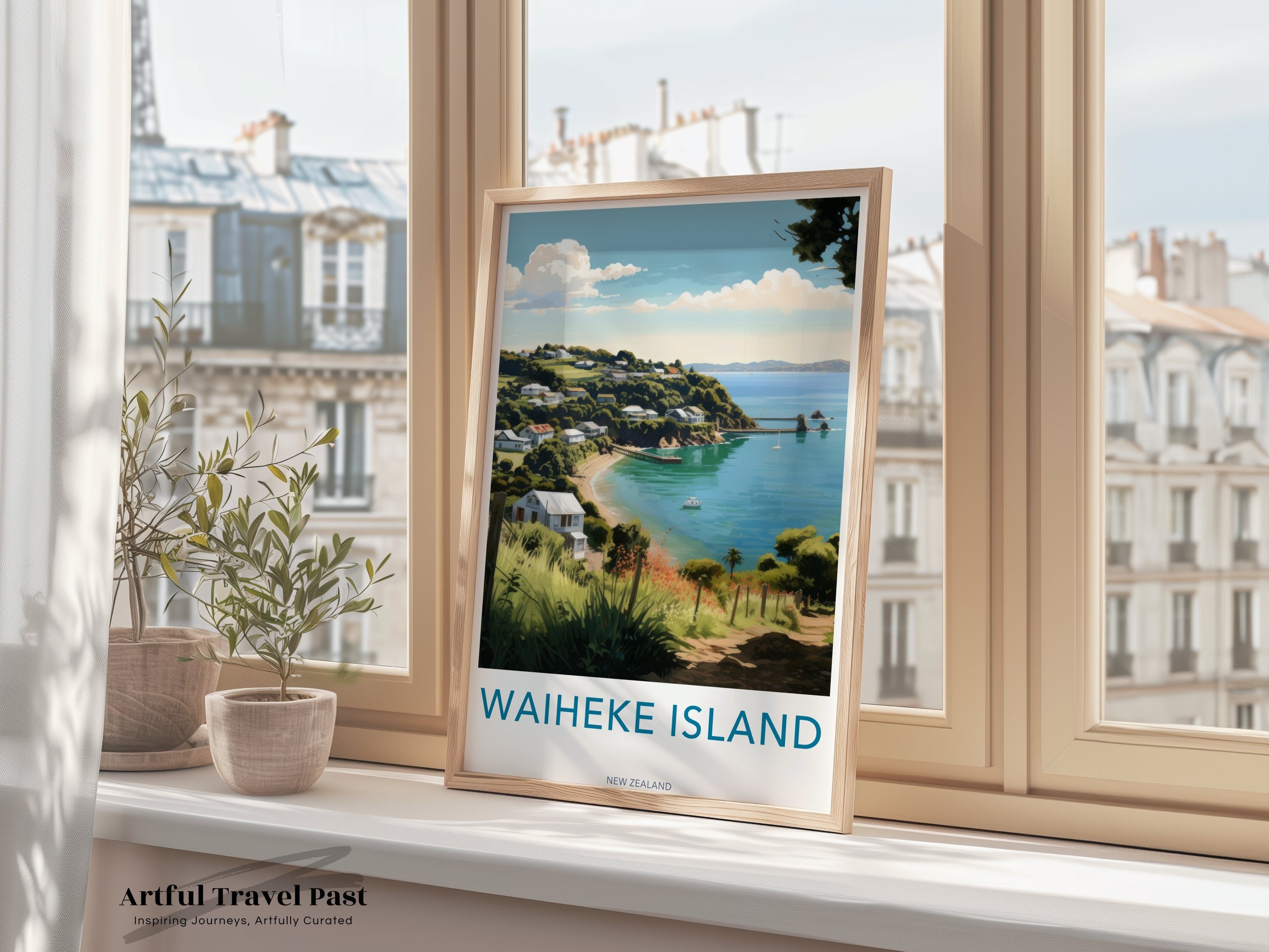 Waiheke Island Wall Art, New Zealand Travel Poster, Beach Landscape Print, Coastal Home Decor, Vintage Style, Artwork for Living Room