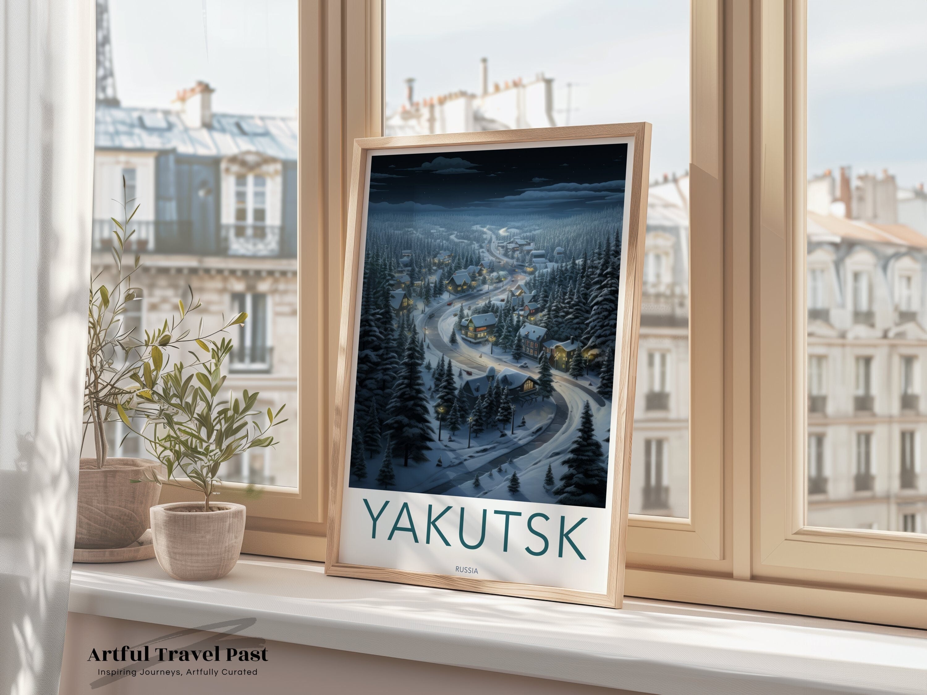 Yakutsk Russia Night Scenery Wall Art, Winter Landscape Print, Snowy Village Artwork, Cozy Home Decor, Holiday Gift Idea, Nature