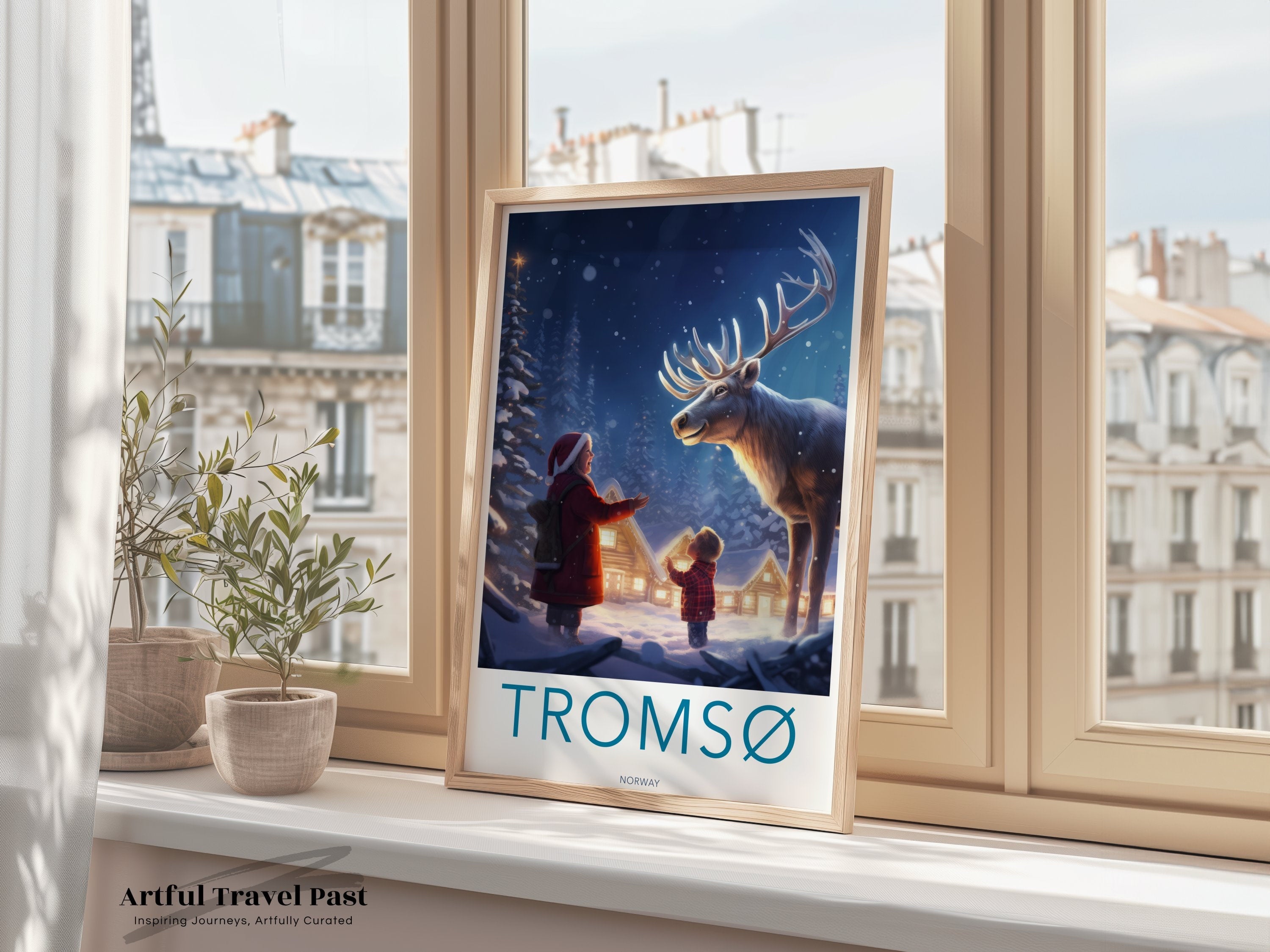 Tromsø Winter Wonderland Wall Art, Holiday Reindeer Scene, Christmas Nordic Print, Scandinavian Art, Cozy Log Cabins Poster