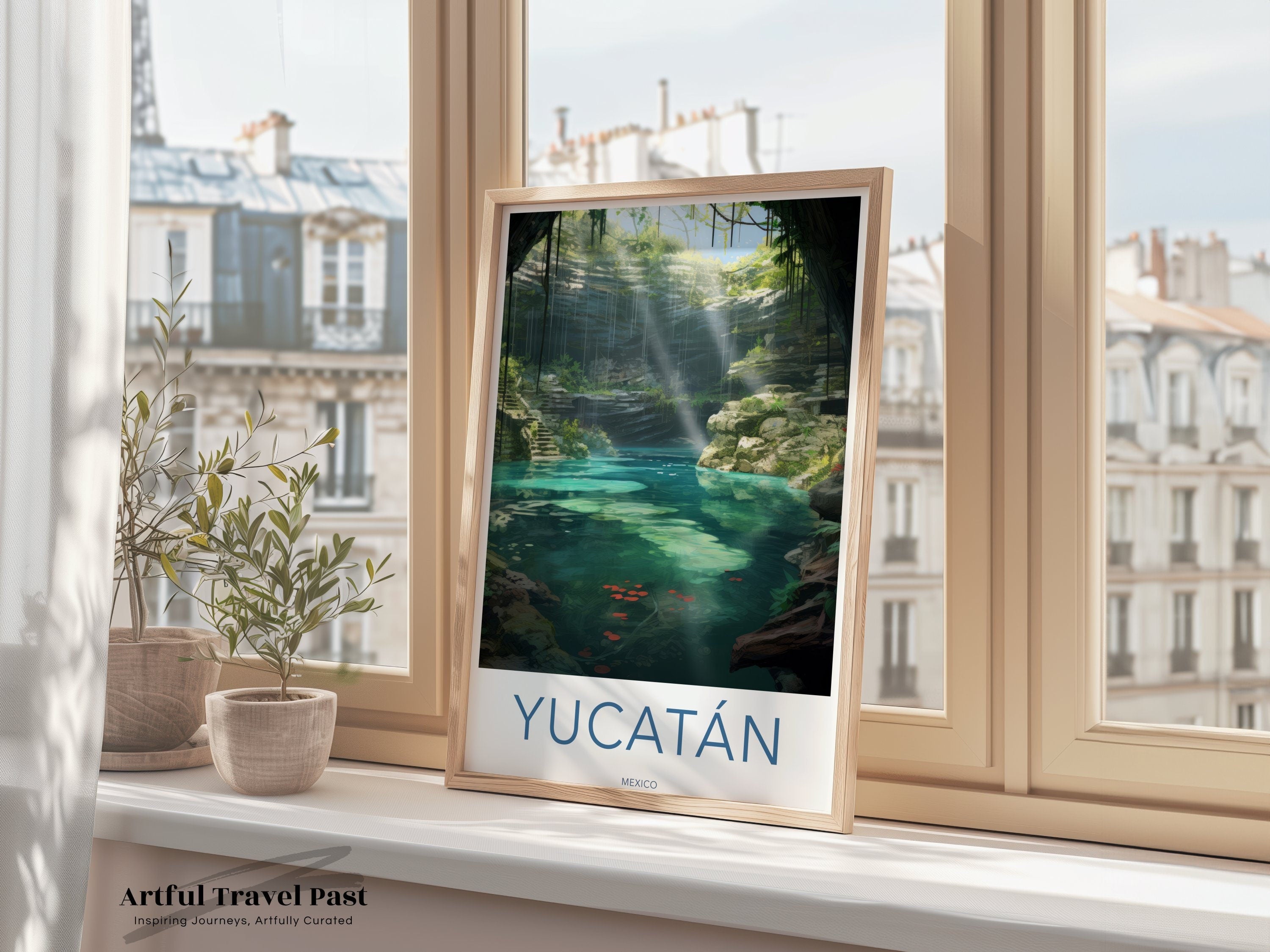 Yucatan Wall Art, Mexico Travel Poster, Exotic Nature Print, Jungle Lagoon Artwork, Scenic Cenote Painting, Tropical Paradise Decor