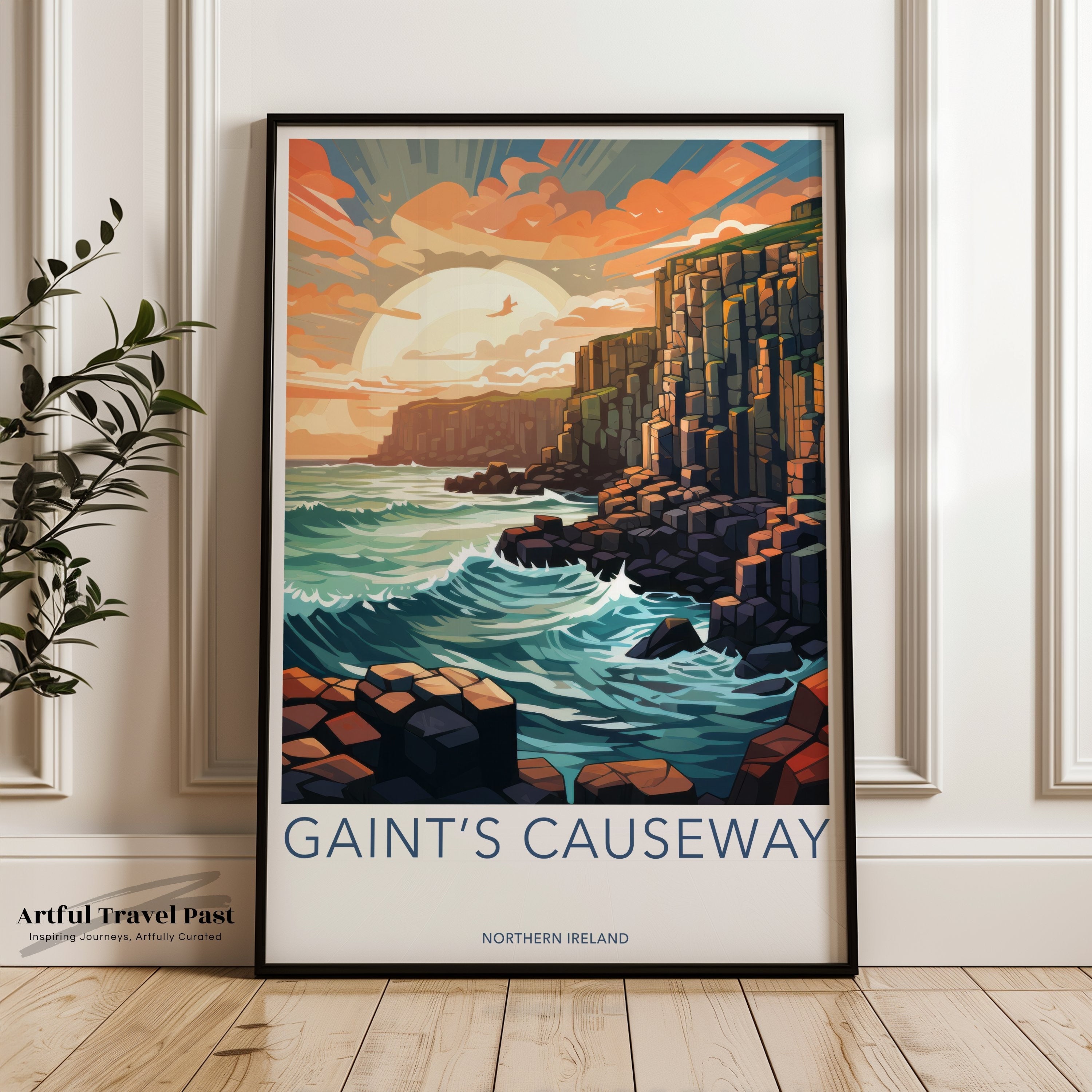 Giant's Causeway Wall Art Print, Northern Ireland Landmark, Sunset Ocean Cliffs, Irish Coastal Scenery, Home Décor, Travel Poster