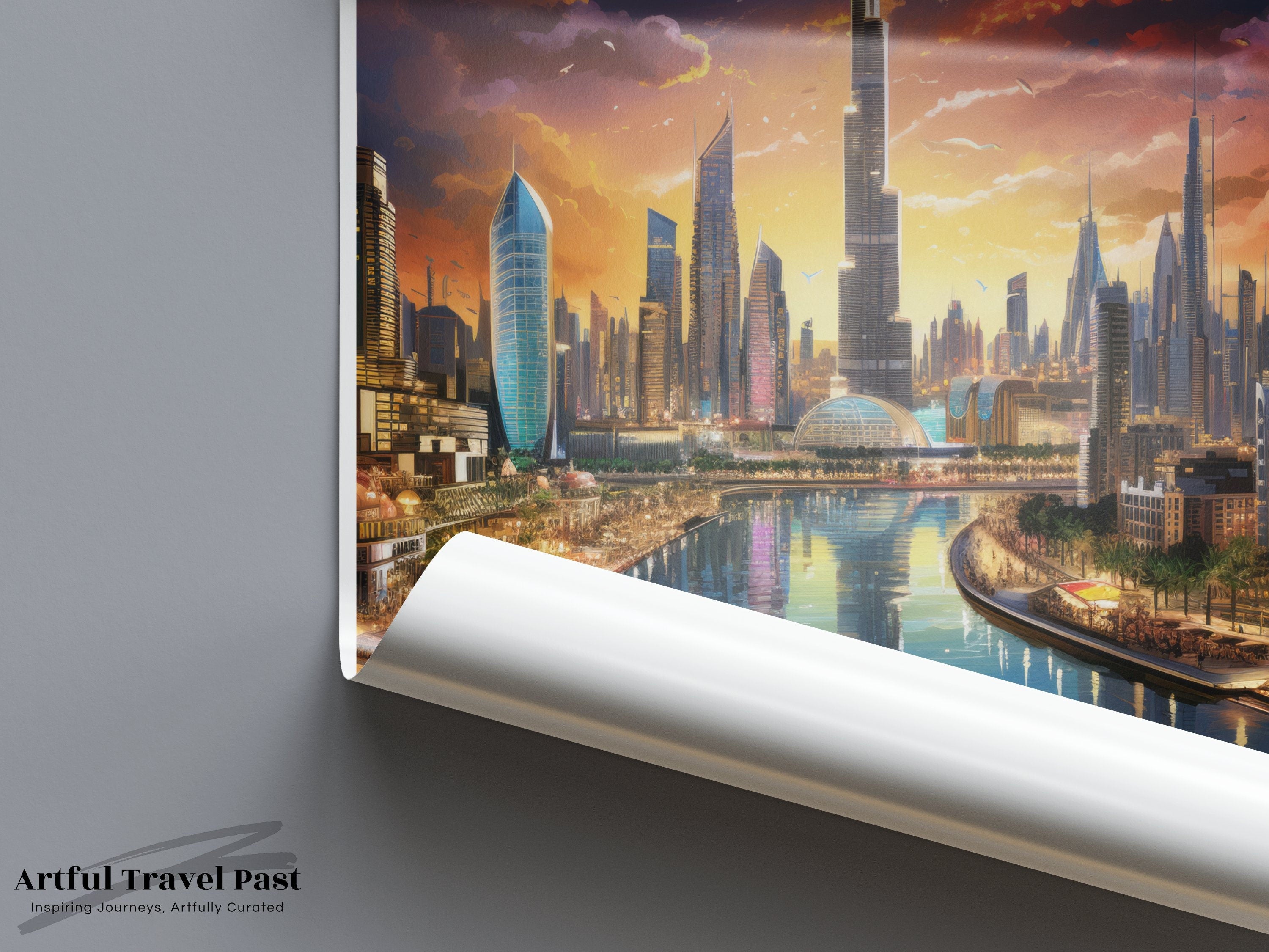 Dubai Cityscape Wall Art, Stunning Sunset Skyline Print, Modern Urban Landscape, Vibrant Architectural Wonders, Travel Decor