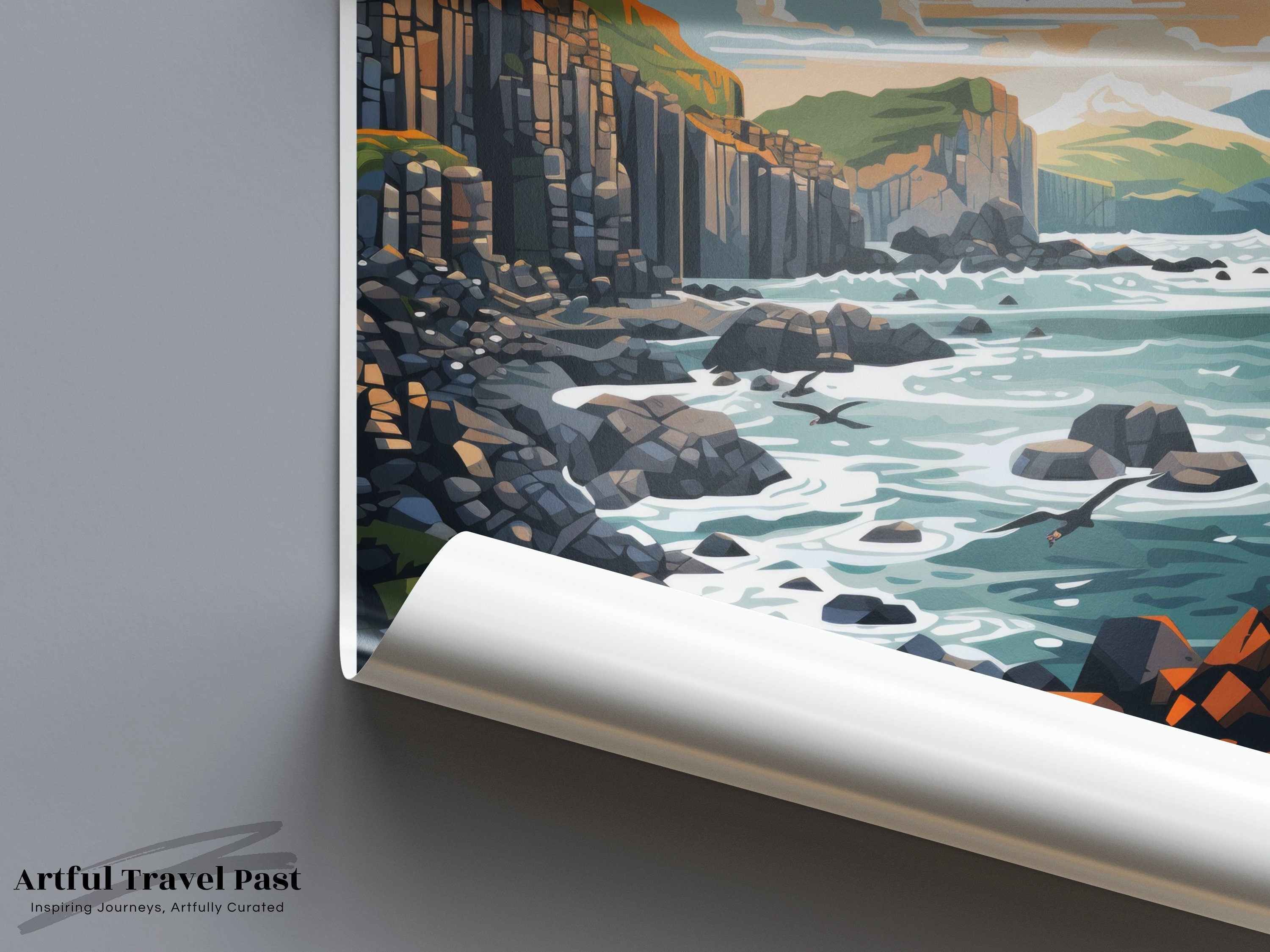 Giant's Causeway Wall Art, Northern Ireland Coastal Print, Scenic Seaside Poster, Nature Landscape Illustration, Travel Decor