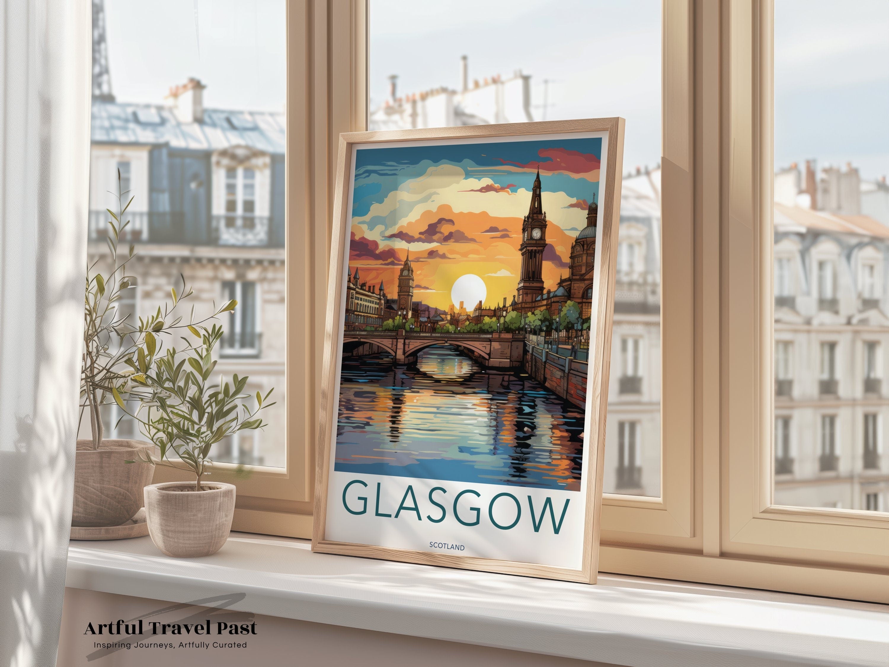 Glasgow Scotland Sunset Scenic Wall Art, Glasgow City Print, Sunset Cityscape Poster, Scotland Travel Decor, Glasgow Landmark Art