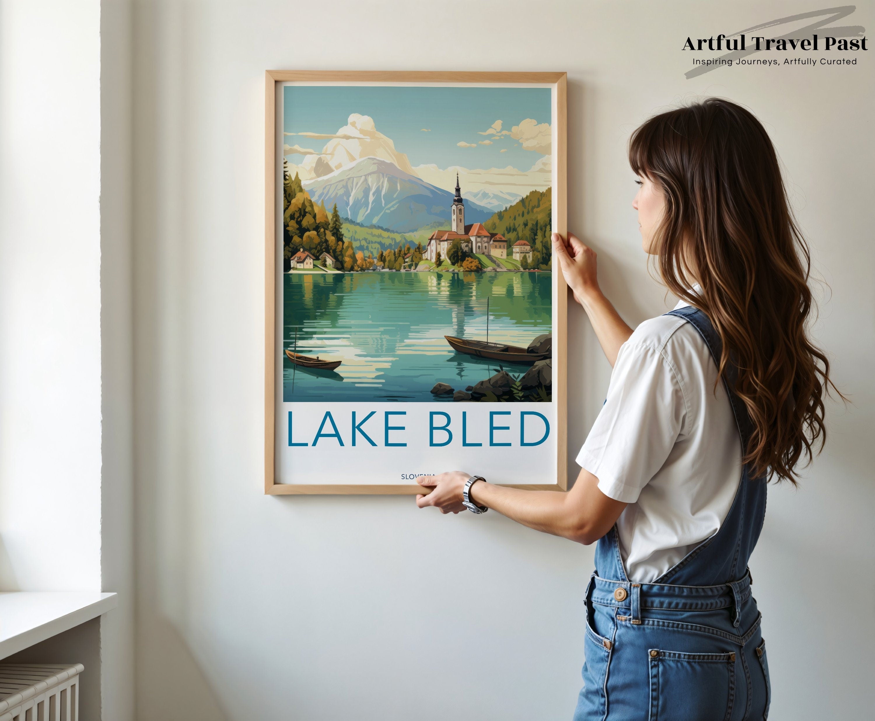 Lake Bled Wall Art Print, Slovenia Scenic View, European Travel Poster, Nature Illustration, Architecture Decor, Mountain Landscape