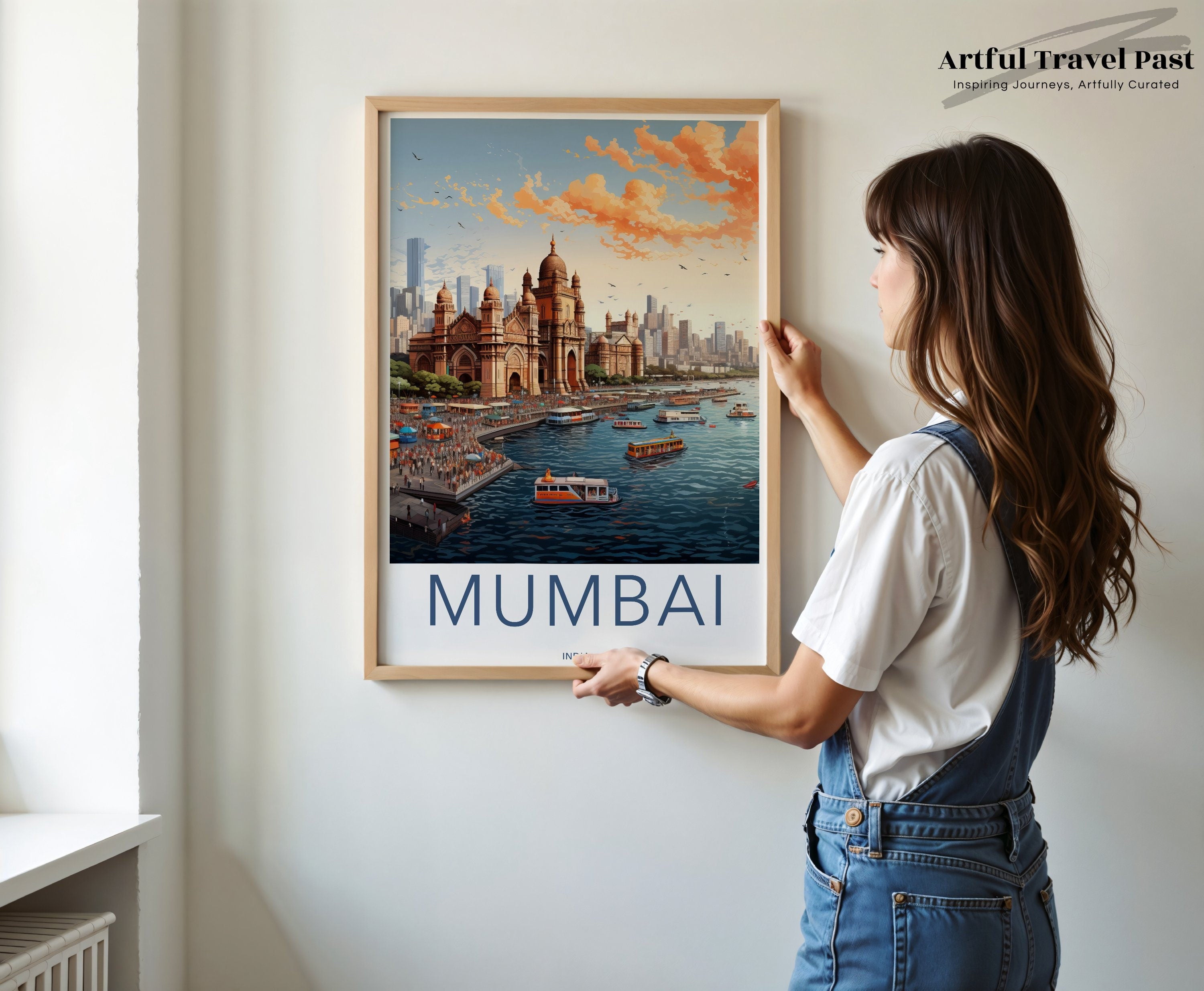 Mumbai India Cityscape Wall Art, Iconic Architecture Print, Vibrant Sunset Skyline, Detailed Harbor Scene, Urban Decor