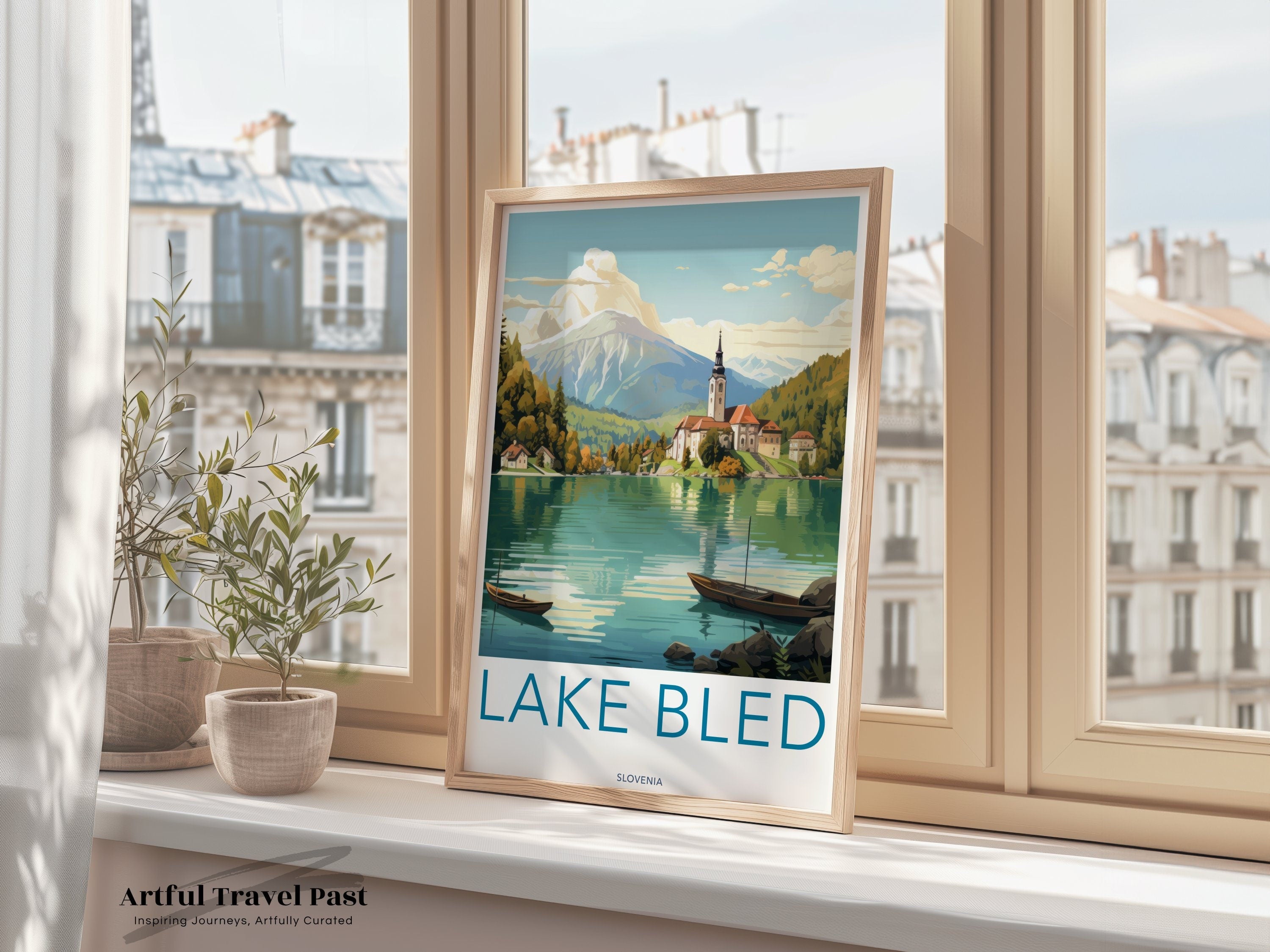 Lake Bled Wall Art Print, Slovenia Scenic View, European Travel Poster, Nature Illustration, Architecture Decor, Mountain Landscape