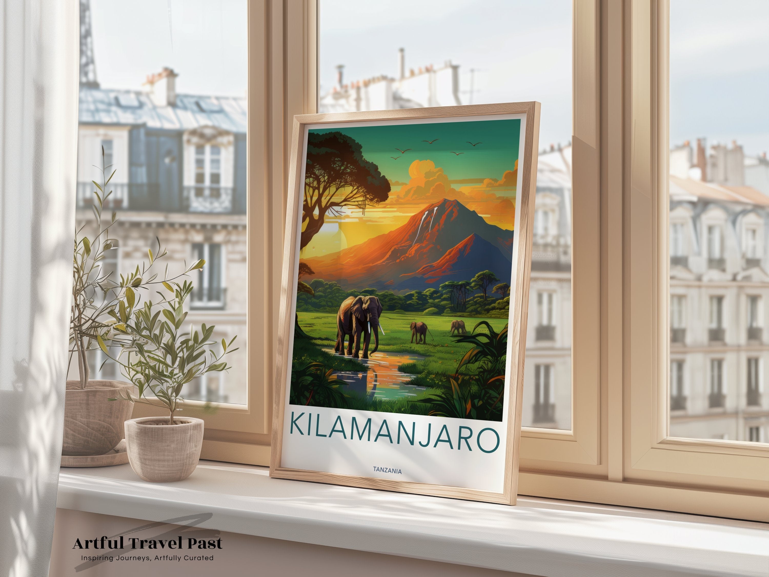 Kilimanjaro Wall Art, African Sunset Landscape Print, Elephant Safari Poster, Tanzania Travel Decor, Nature Wildlife Illustration